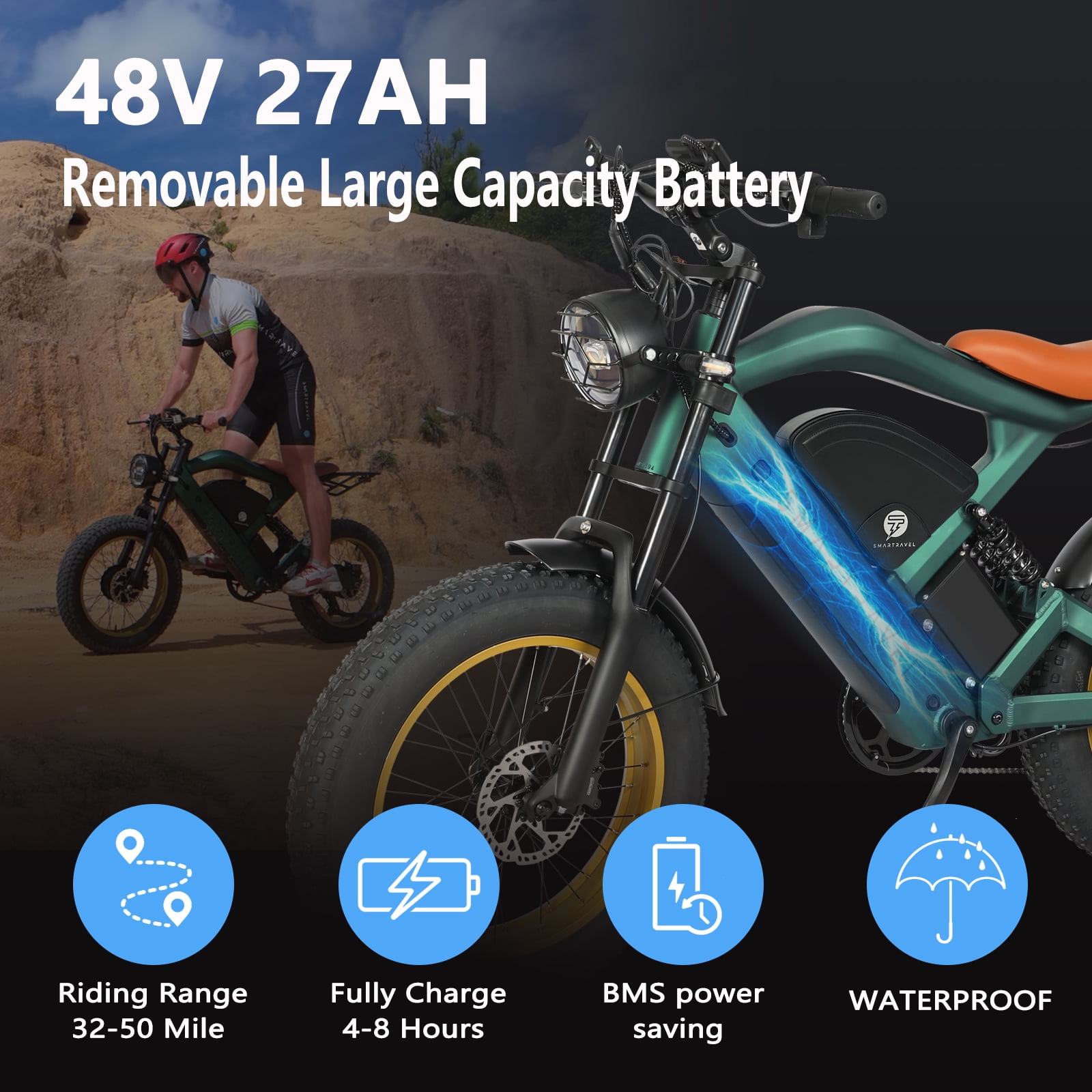 Smartravel Electric Mountain Bike for Adults, 1500W Motor E-Bike with GPS & App Control, 20 in x 4.0 in Fat Tires (Grey, 48V 27Ah) bwl1v