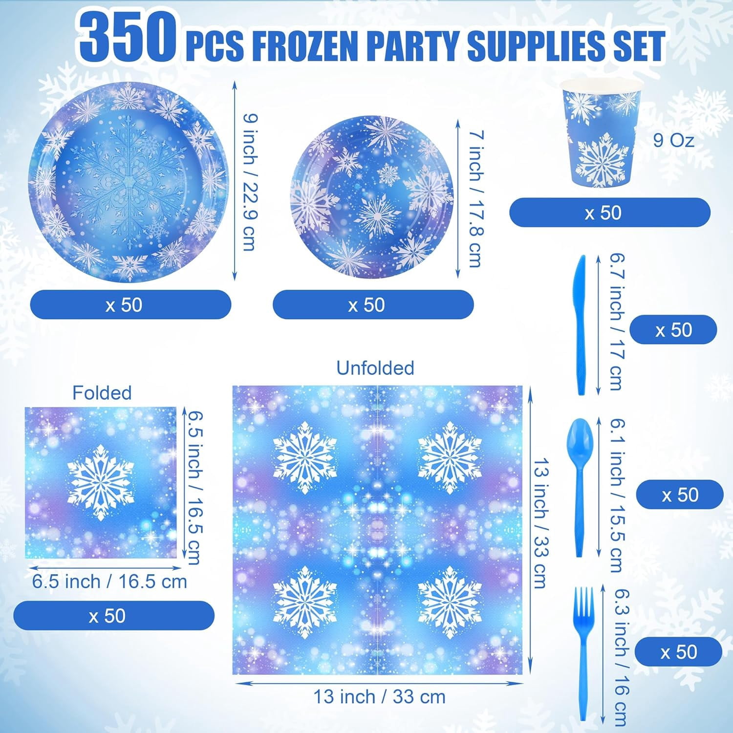 Generic Frozen Party Supplies Set Snowflake Tableware for 50 Guests (White/Blue, 350 Pieces) s9efh