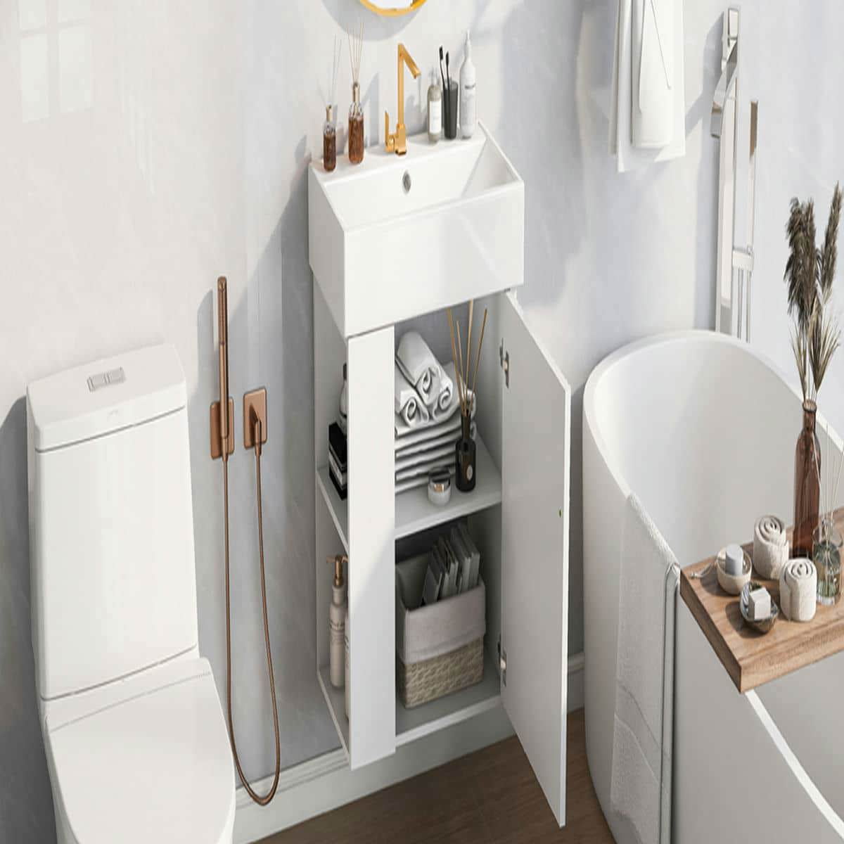 Kadyn Wall-Mount Bathroom Vanity, Modern Floating Vanity with Ceramic Basin and Left Side Storage (White, 21.6 in) 71b1h