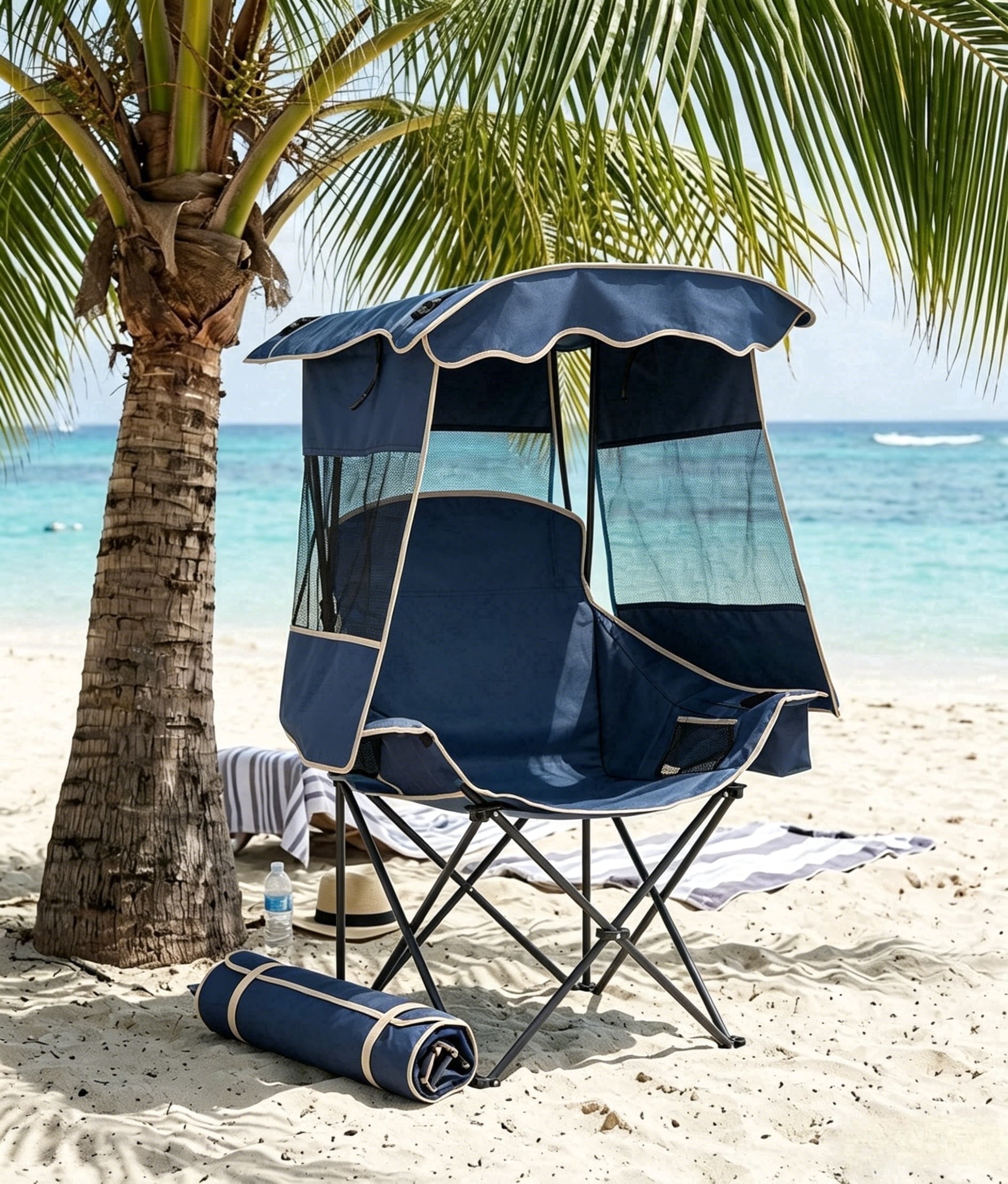 ABORON Camping Chair with Canopy, Folding Portable Beach Lounge Chair with Cooler Bag and Cup Holder (Blue, One Size) 3gkl5