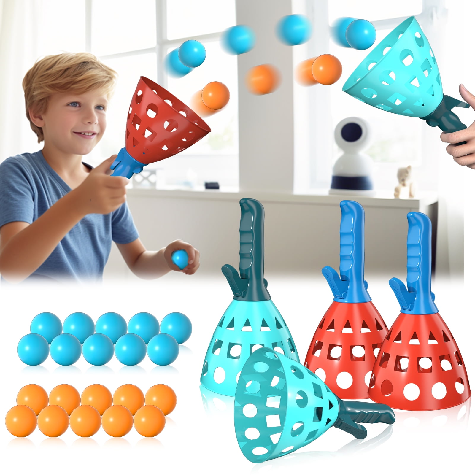 Lucky Doug Pop and Catch Ball Game Set for Kids Outdoor Sports Activity (Blue, 4 Launchers and 20 Balls) 2durl