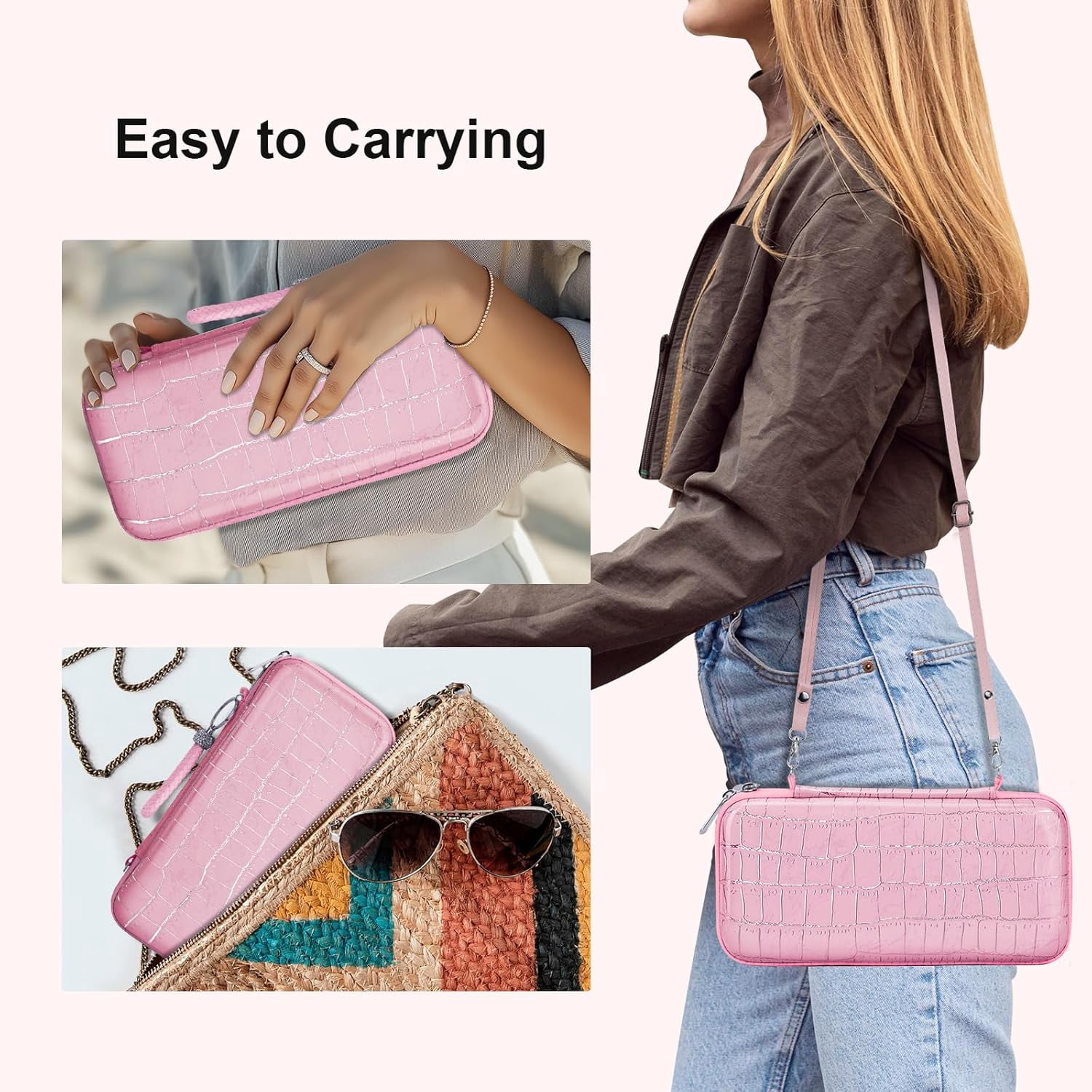 HOMICOZY Carrying Case for Nintendo Switch OLED, Protective Accessories Set with TPU Cover, Screen Protector, and Adjustable Strap (Pink Crocodile, 10.4 x 5.1 x 1.8 in) wxav3