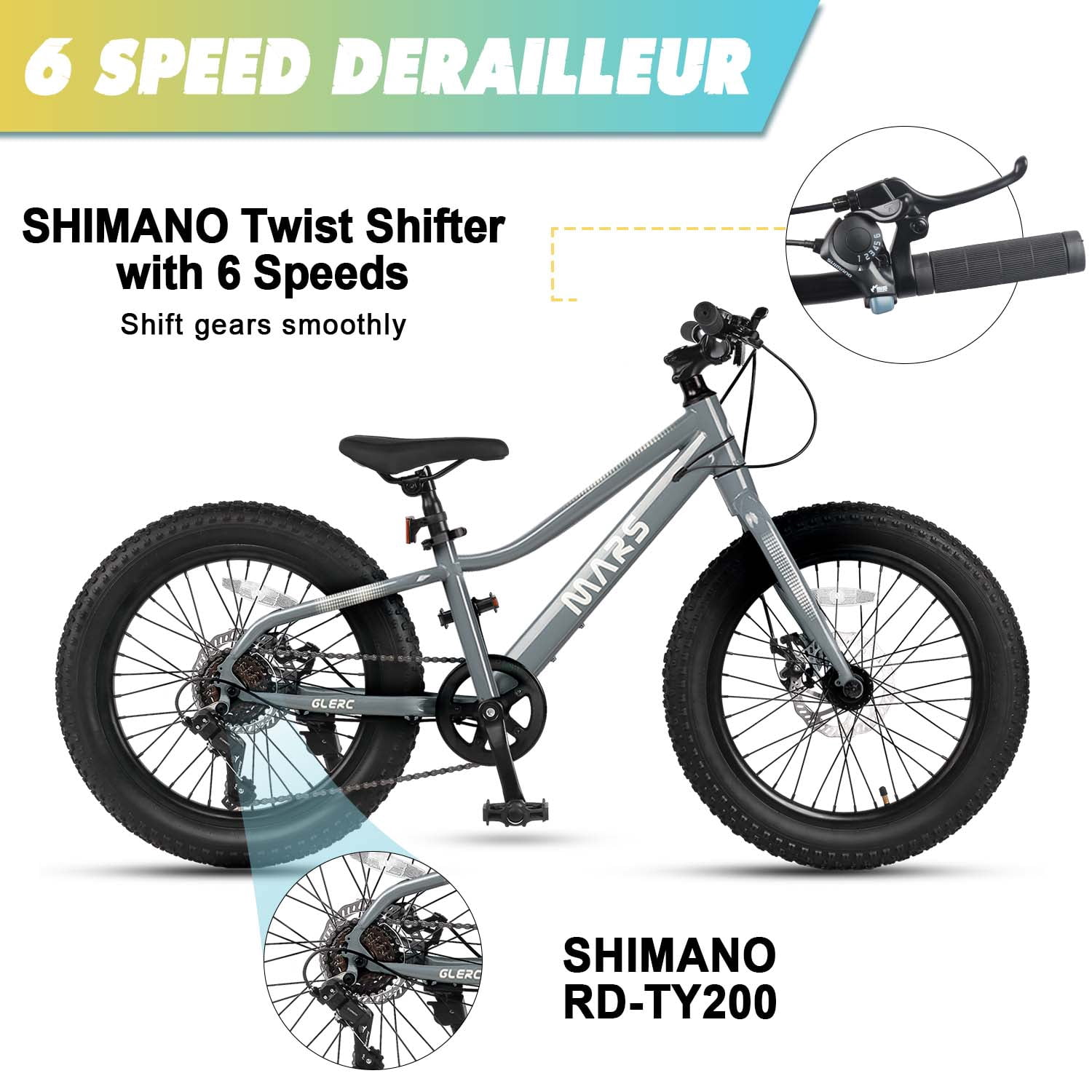 Glerc Mars Kids Mountain Bike, All-Terrain Fat Tire Bicycle with 6-Speed Drivetrain (Gray, 24 in) 6jbyy