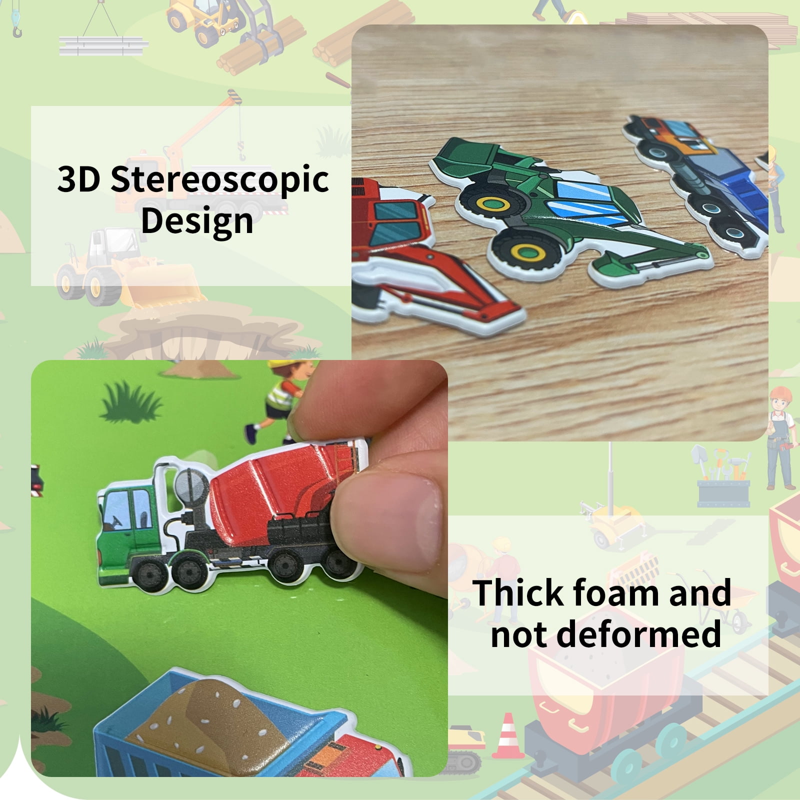 Elfew Puffy Sticker Books for Kids, 3D Reusable Construction and Vehicle Activity Set (Green, 2 Pack) 1gy62