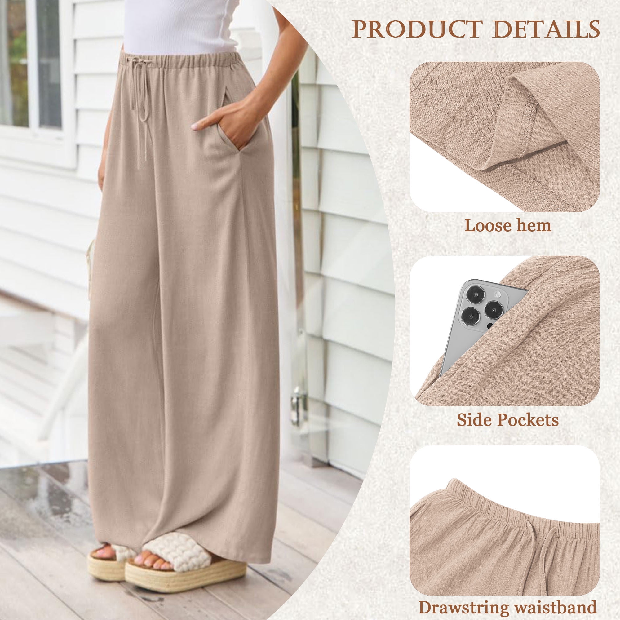 Temofon Women's Wide Leg Linen Pants Casual Summer Palazzo Trousers with Pockets and Drawstring (Beige, L) wuxc6