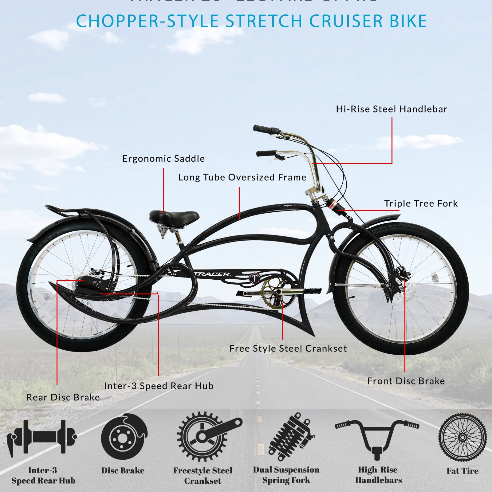 Tracer Bikes Leopard 3i Pro Chopper Stretch Cruiser Bike (Matte Black, 26 in) vrgdt