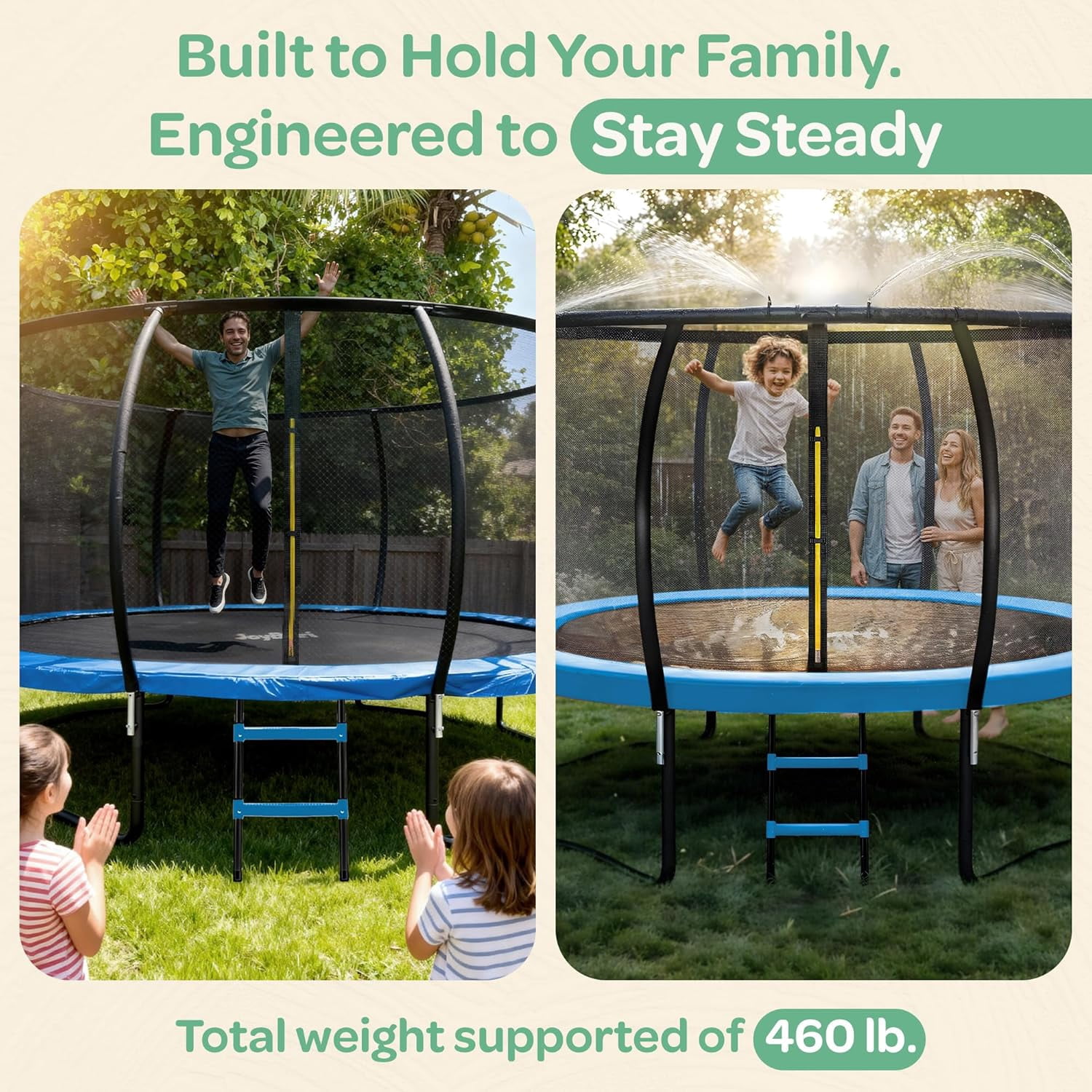 JoyBerri Outdoor Trampoline with Safety Enclosure, Ladder, LED Lights & Sprinkler (Blue, 15 ft) r0idr