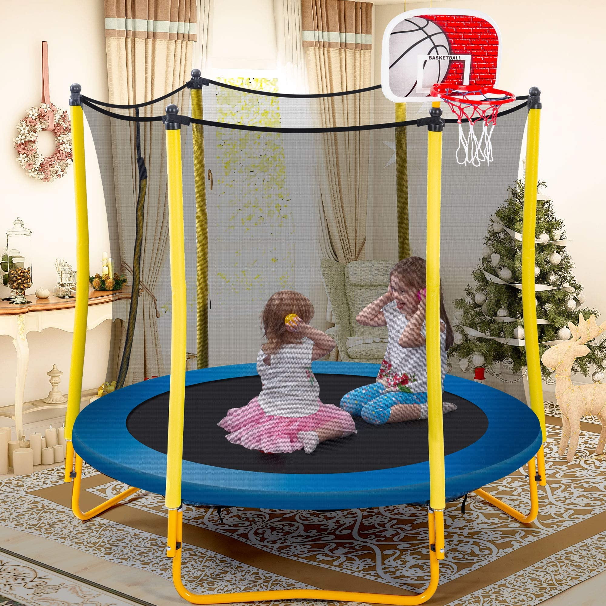 Leuco Kids Trampoline with Basketball Hoop and Safety Net (Yellow, 66 in) hsthk