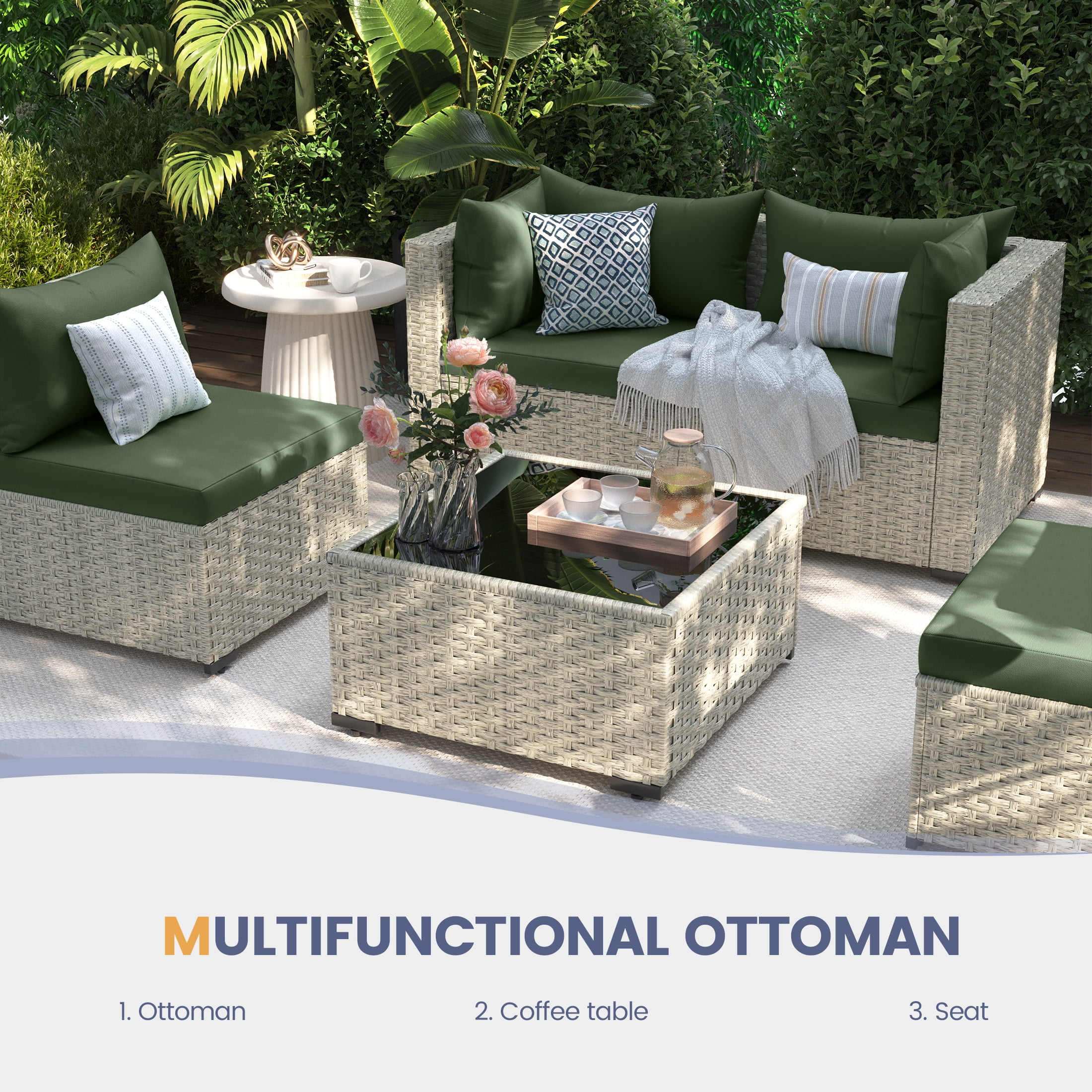 UDPATIO 9-Piece Outdoor Wicker Patio Furniture Set with Cushions, Weather-Resistant Conversation Set for Backyard and Garden (Green) y8tz6