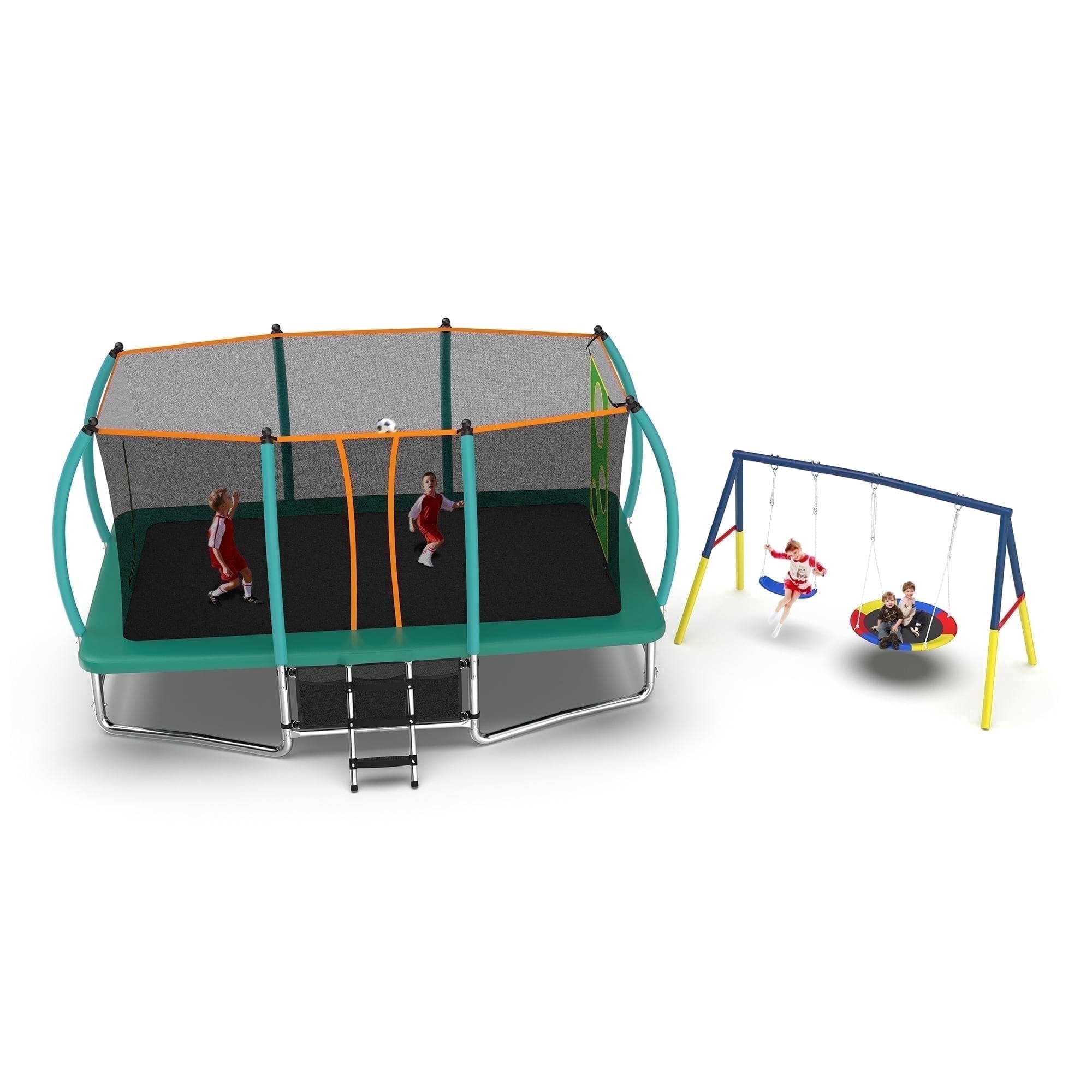 Mersco 4-in-1 Rectangular Trampoline with Swing Set and Enclosure Net (Green, 10 ft x 16 ft) 5k7pn
