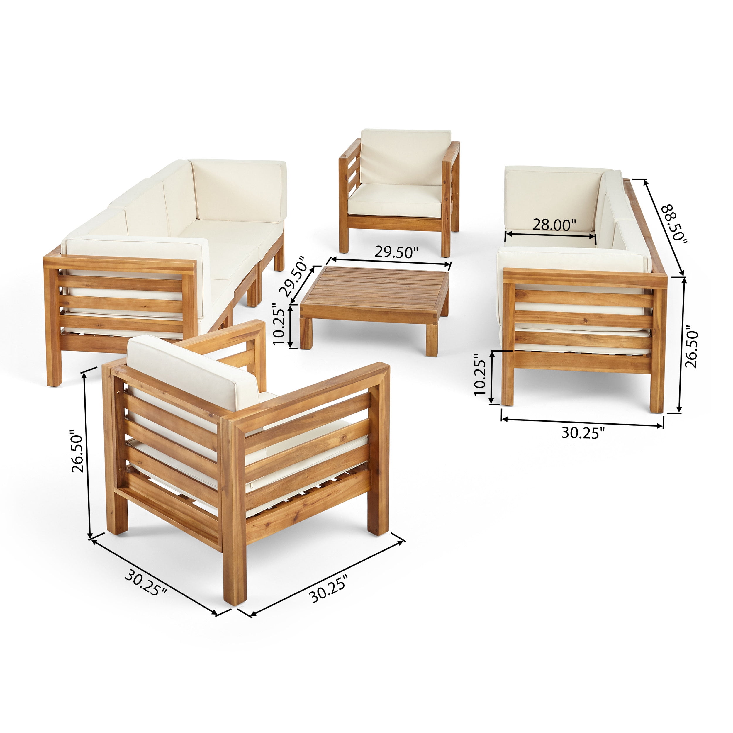 Noble House Frankie Outdoor 8-Seater Acacia Wood Sofa and Club Chair Set (Teak and Beige, 9-Piece Set) swd84