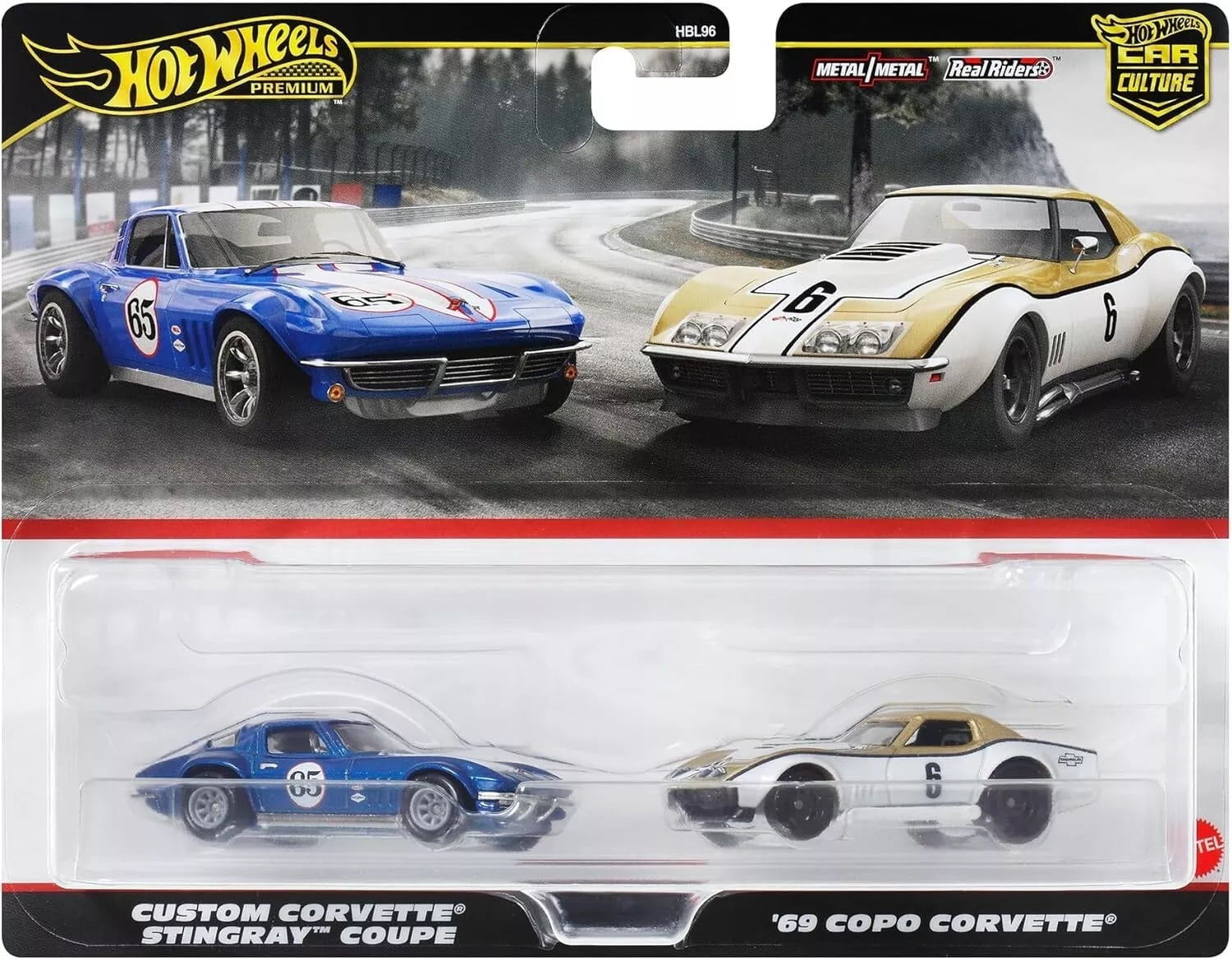 Hot Wheels Premium Car Culture 2-Pack Custom Corvette Stingray Coupe and '69 Copo Corvette (1:64 Scale) 3sfjz