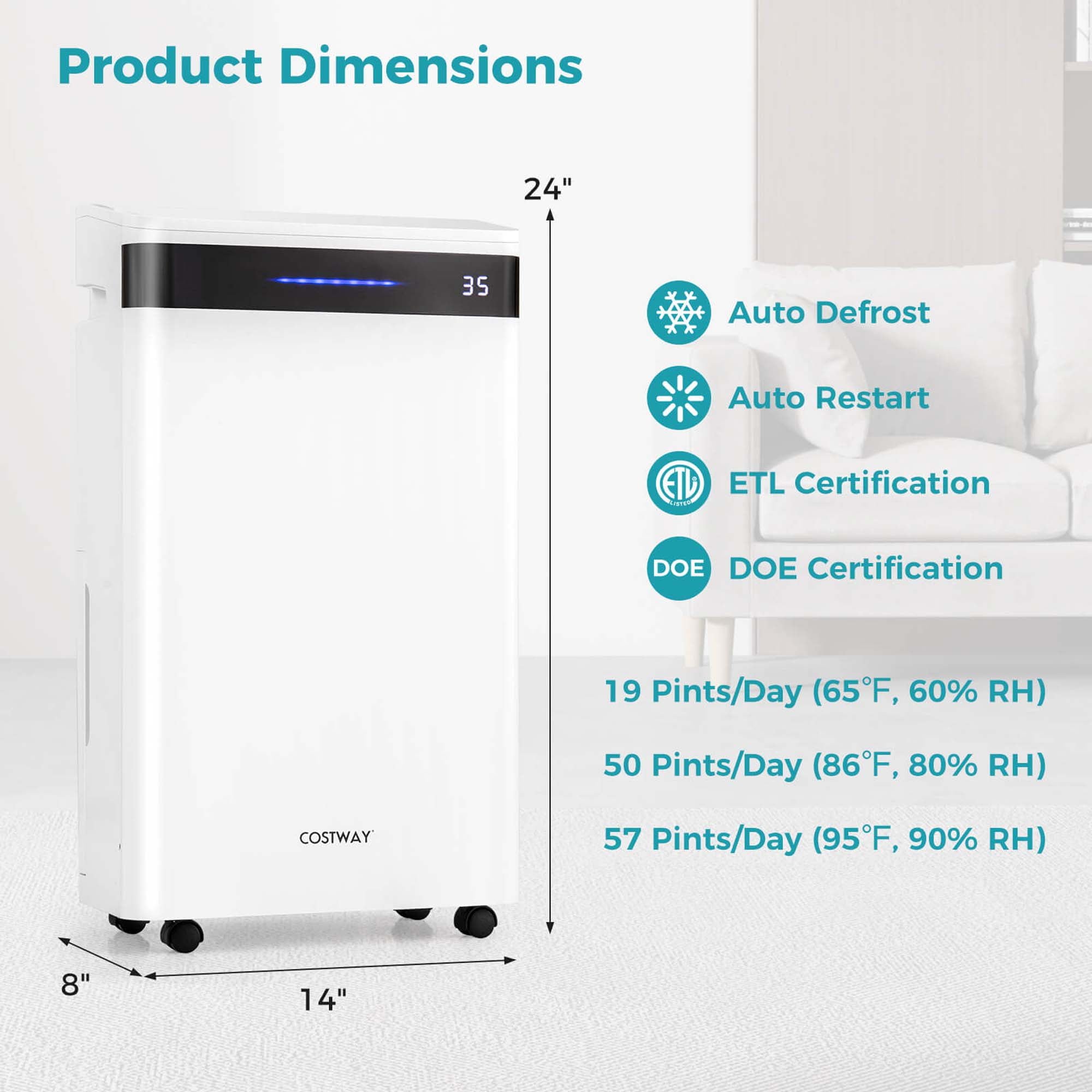 Costway Dehumidifier for Home and Basement with 4 Modes and 3-Color Humidity Indicator (White, 19-Pint DOE) lu7yz