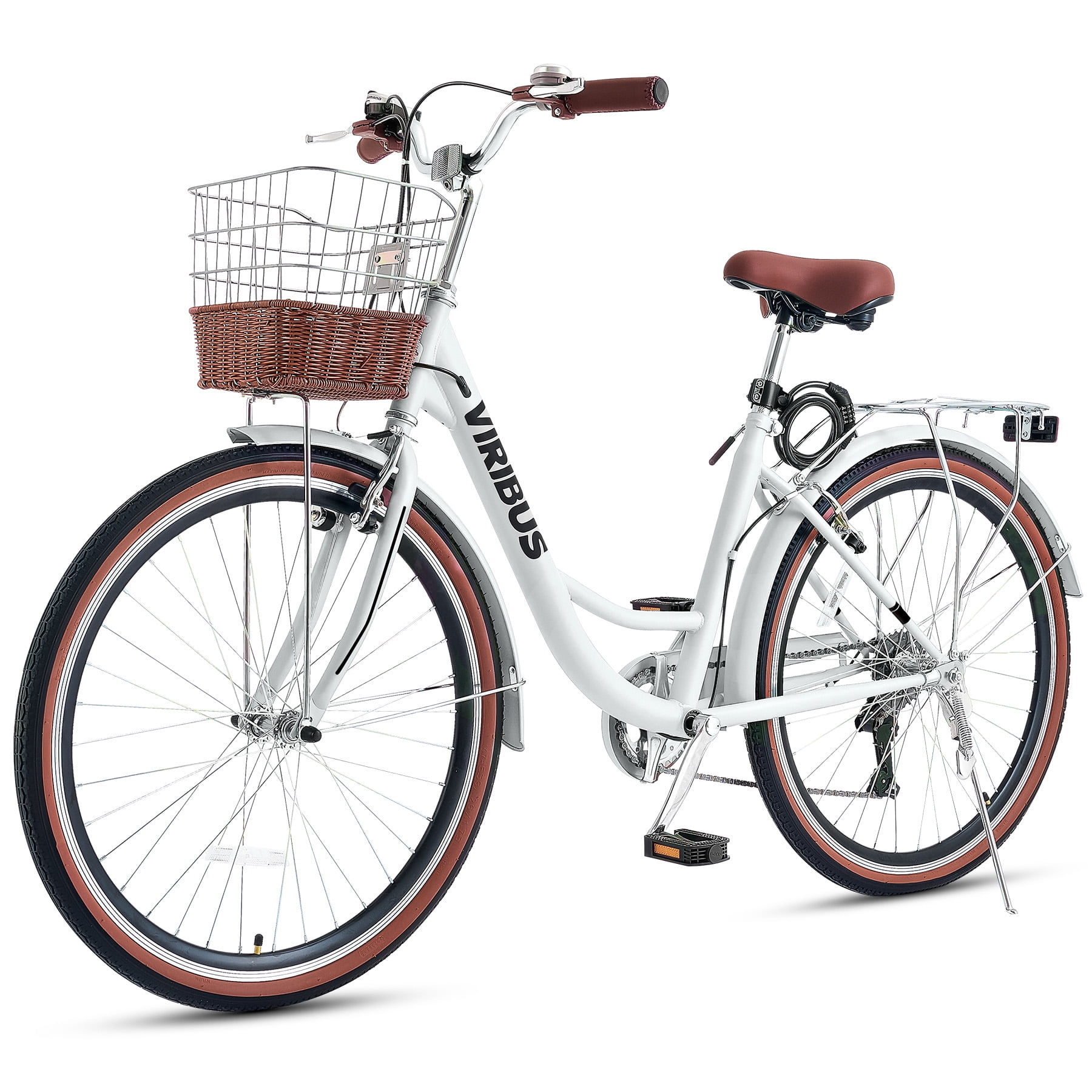 Viribus 24 in Women's Cruiser Bike, 7-Speed Beach and City Bicycle with Basket and Rack (White) 3vvao