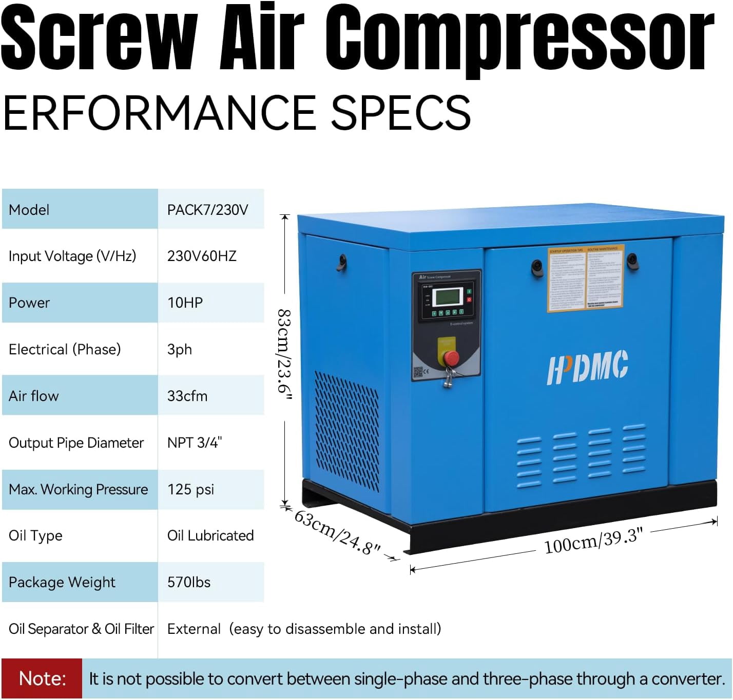 HPDMC 10HP Rotary Screw Air Compressor PACK7 (Blue, 35 CFM at 125 PSI) us37z