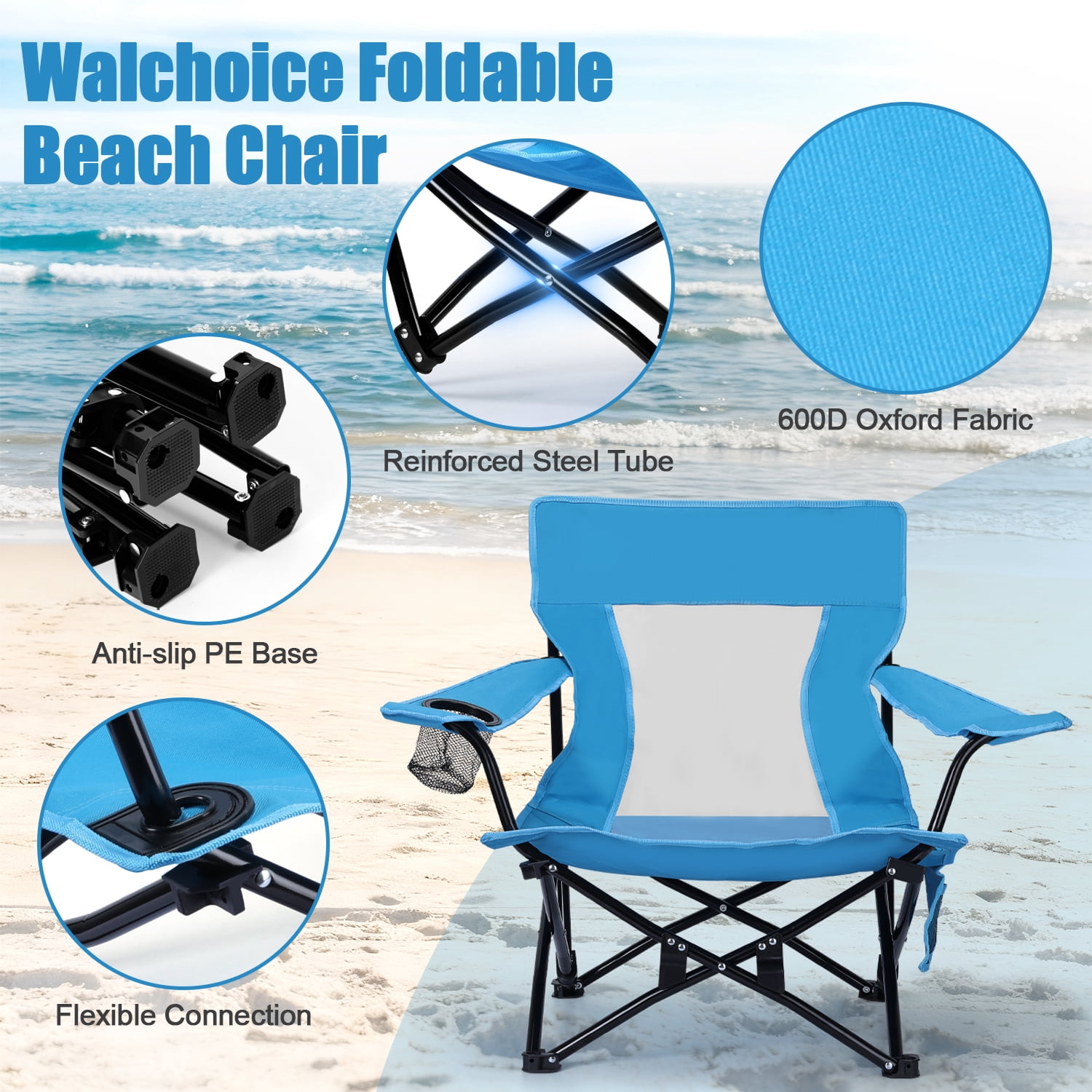 Walchoice Folding Beach Chair with Adjustable Umbrella (2 Pack, Blue, 30.7 in Wide Seat) nd0as