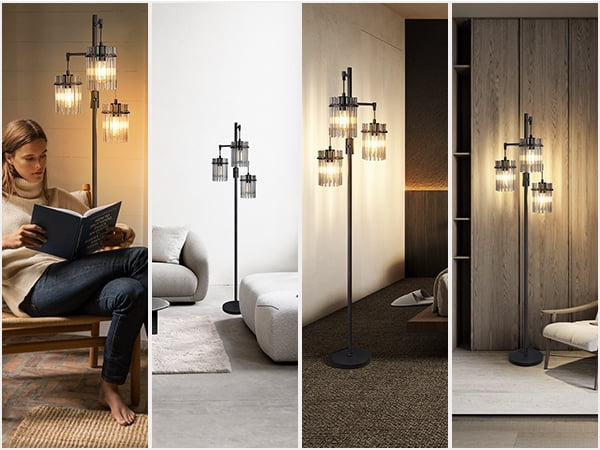 Muaket Industrial Modern Floor Lamp, Dimmable Tree Standing Light with 3 Teardrop Glass Cage Shades (Black, 65 in) yh6qg