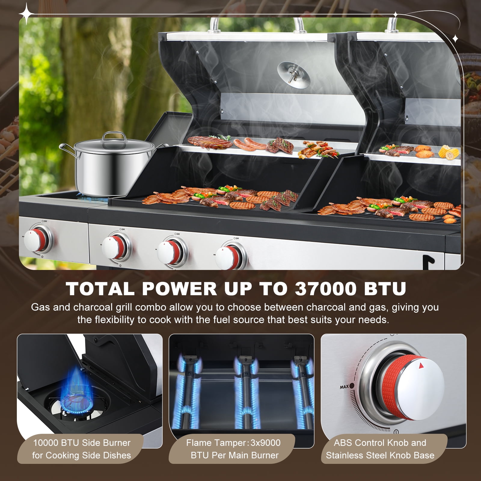 Nice Cooker Gas and Charcoal Combo Grill with Side Burner, Porcelain-Enameled Cast Iron Grates, Outdoor BBQ Grill with Storage Cabinet (Black, 37,230 BTU) wd8ti