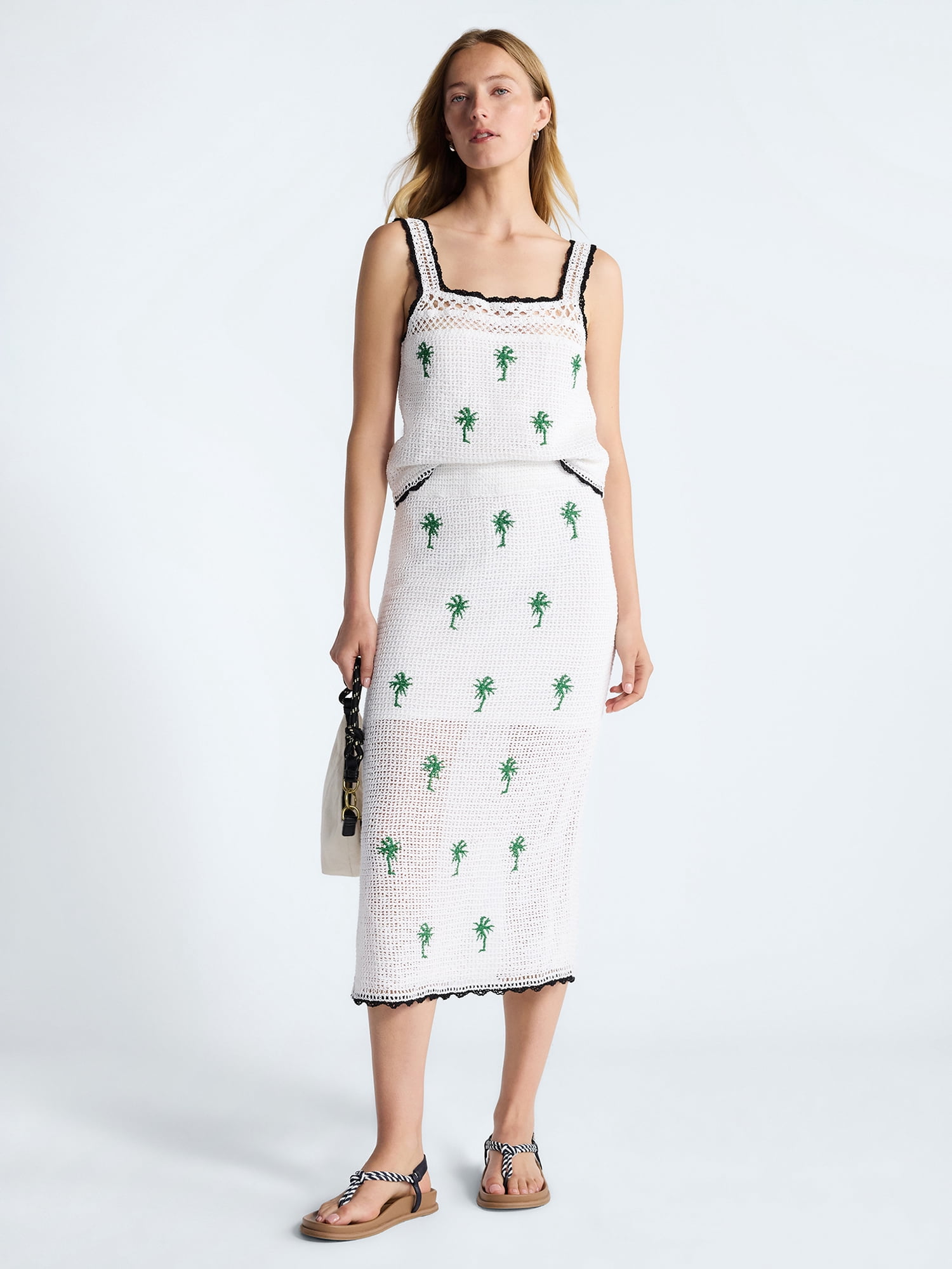 Free Assembly Women's Embroidered Knit Cotton Pencil Midi Skirt (White, XS) 8cl0p