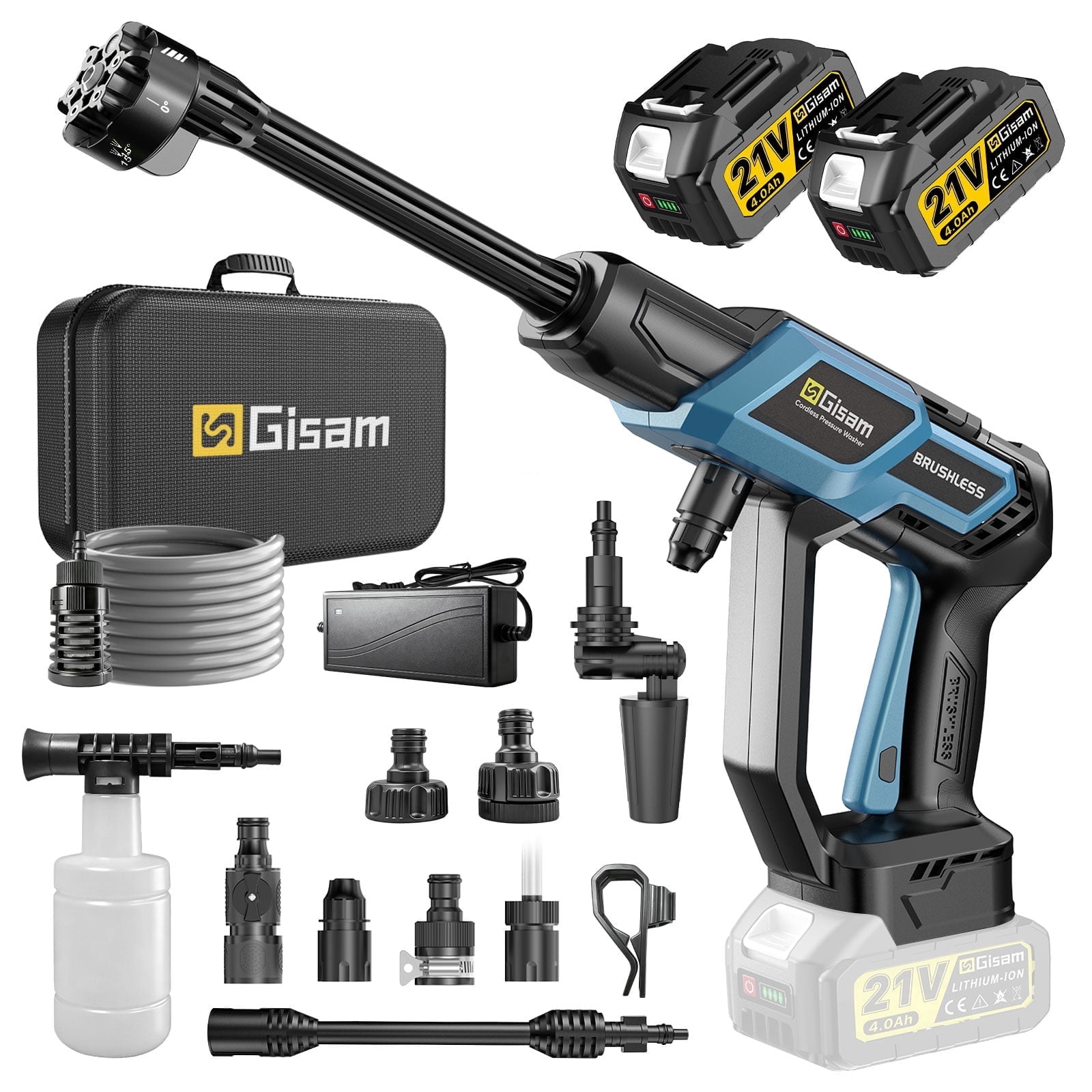 Gisam Cordless Pressure Washer, Portable Power Cleaner with 6-in-1 Nozzle, Brushless Motor (2x 4.0Ah Batteries, 16.4 ft Hose) 9457s