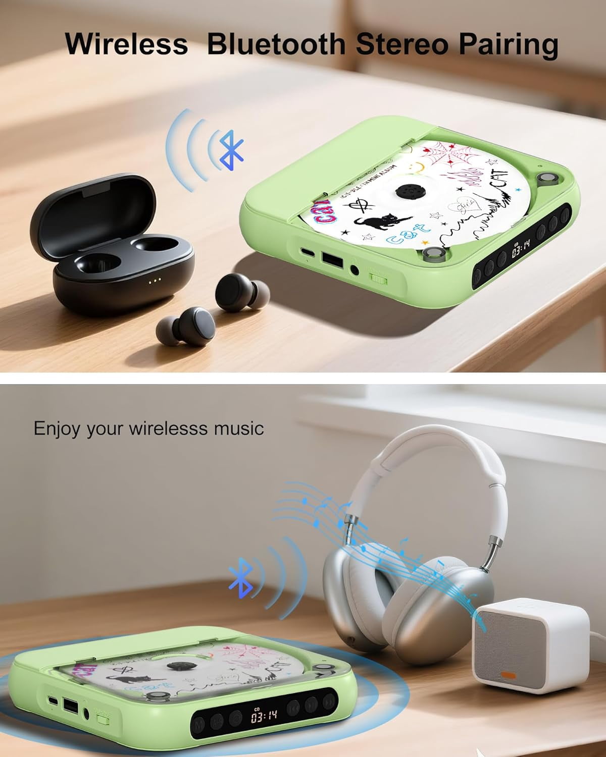 otnbgsr Portable CD Player with Bluetooth Dual Speakers Rechargeable Music Player (Green, 1 Pack) ccnm6