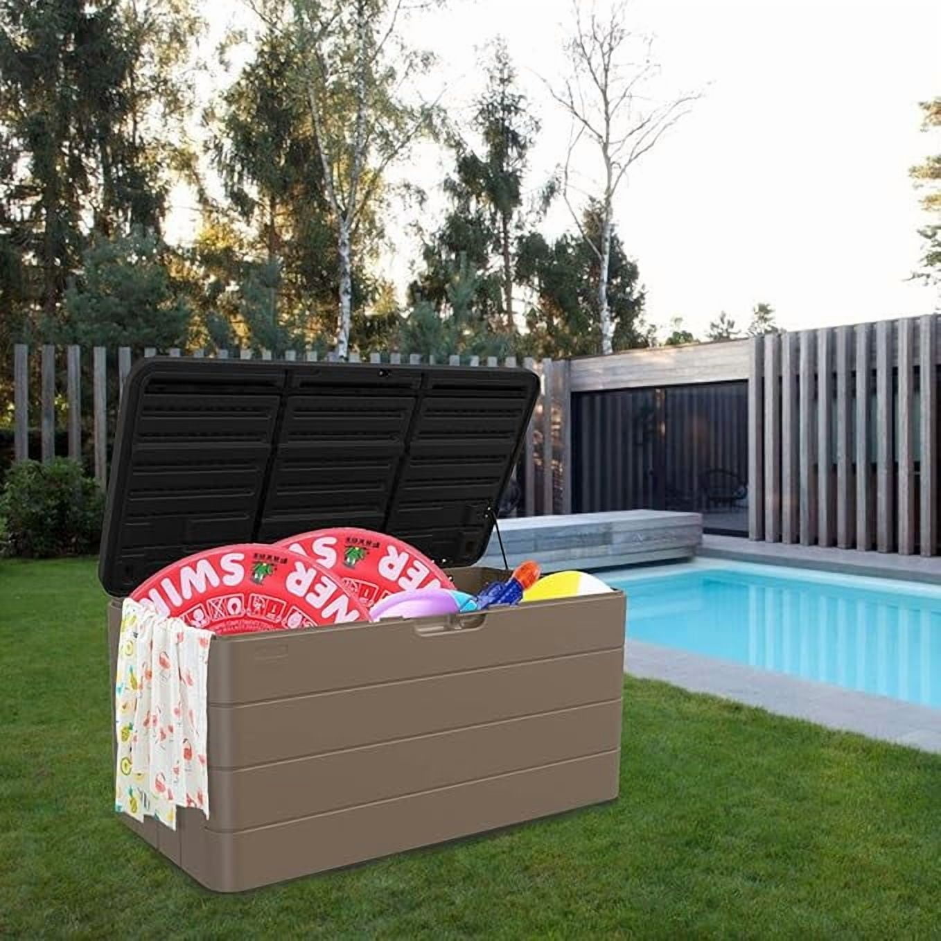 Decksplore 110 Gal Resin Deck Box Outdoor Waterproof Storage Bench for Patio Furniture and Garden Tools (Brown) y9z30