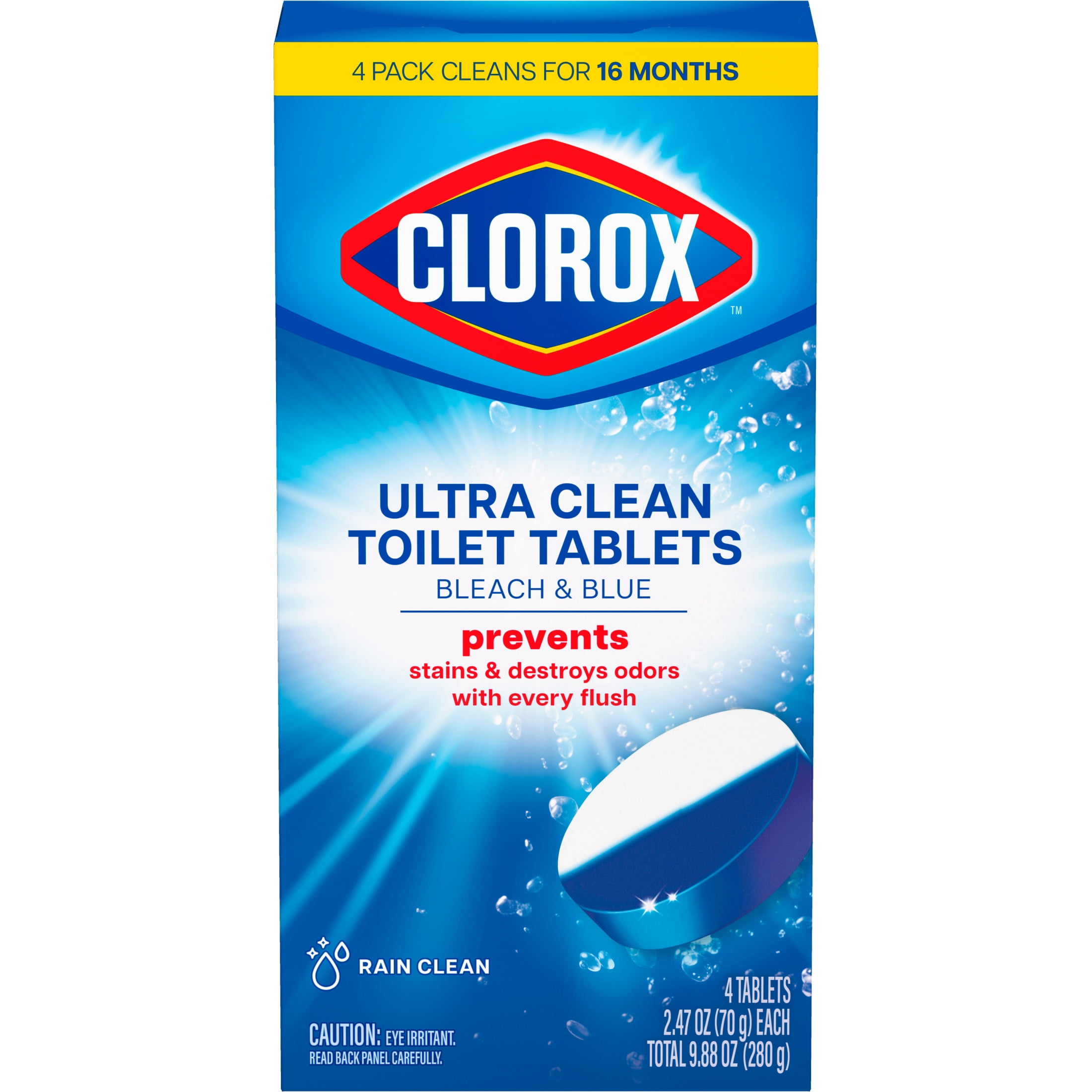 Clorox Bleach and Blue Toilet Bowl Cleaner Tablets, Automatic Stain Remover & Deodorizer (Rain Clean, 4 Count) ozvhb