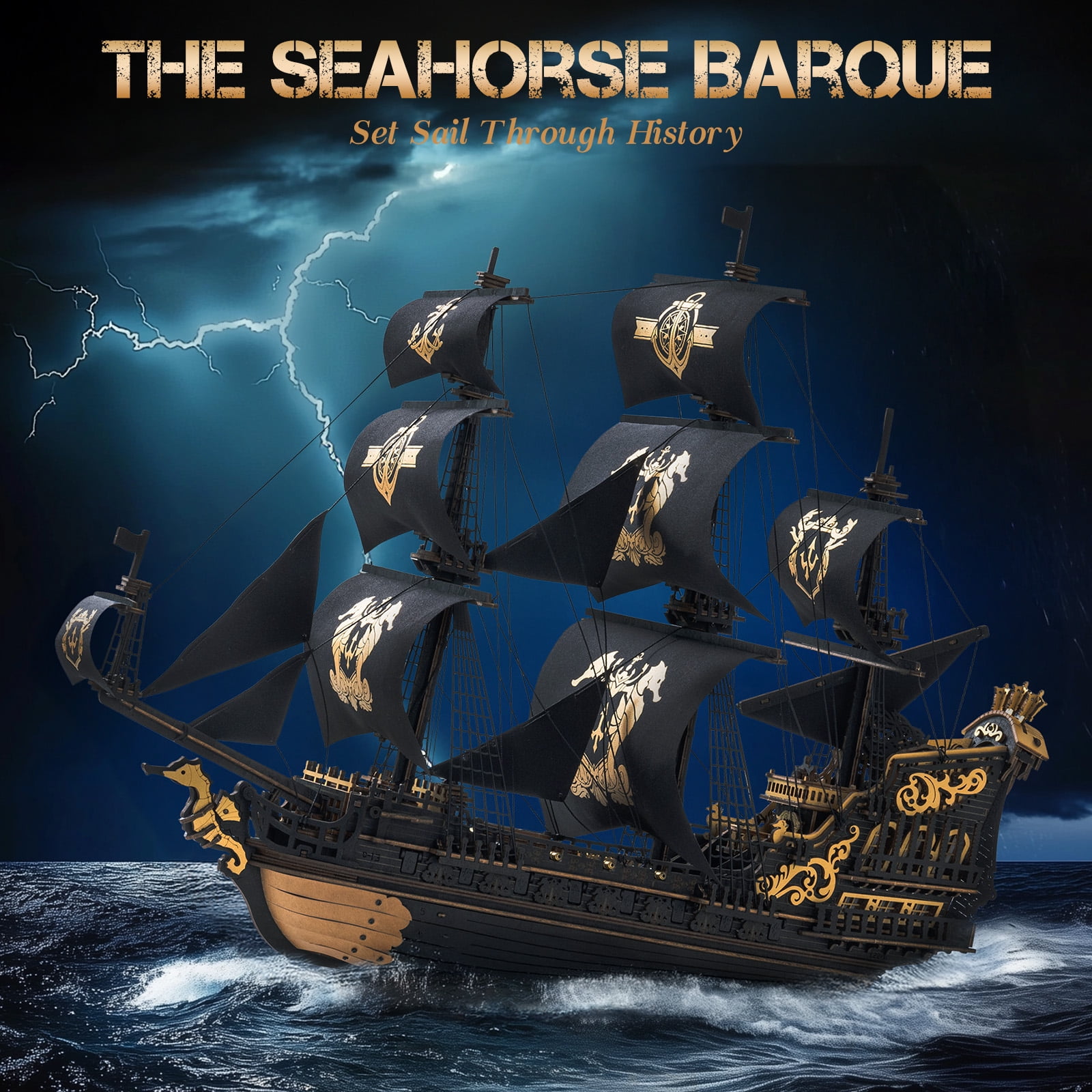 Robotime Wooden 3D Puzzle The Seahorse Barque Mechanical Model Kit (Black and Gold, 603 Pieces) 3snf6