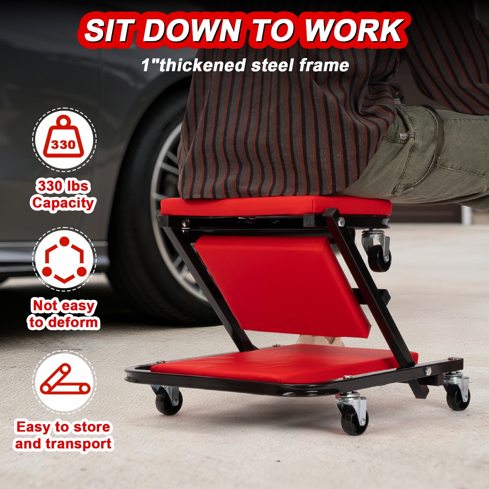 Lafati 2-in-1 Foldable Mechanic Creeper and Rolling Work Stool, Heavy-Duty Steel Frame with 6 Smooth-Rolling Casters (Red, 36 in) i28yv