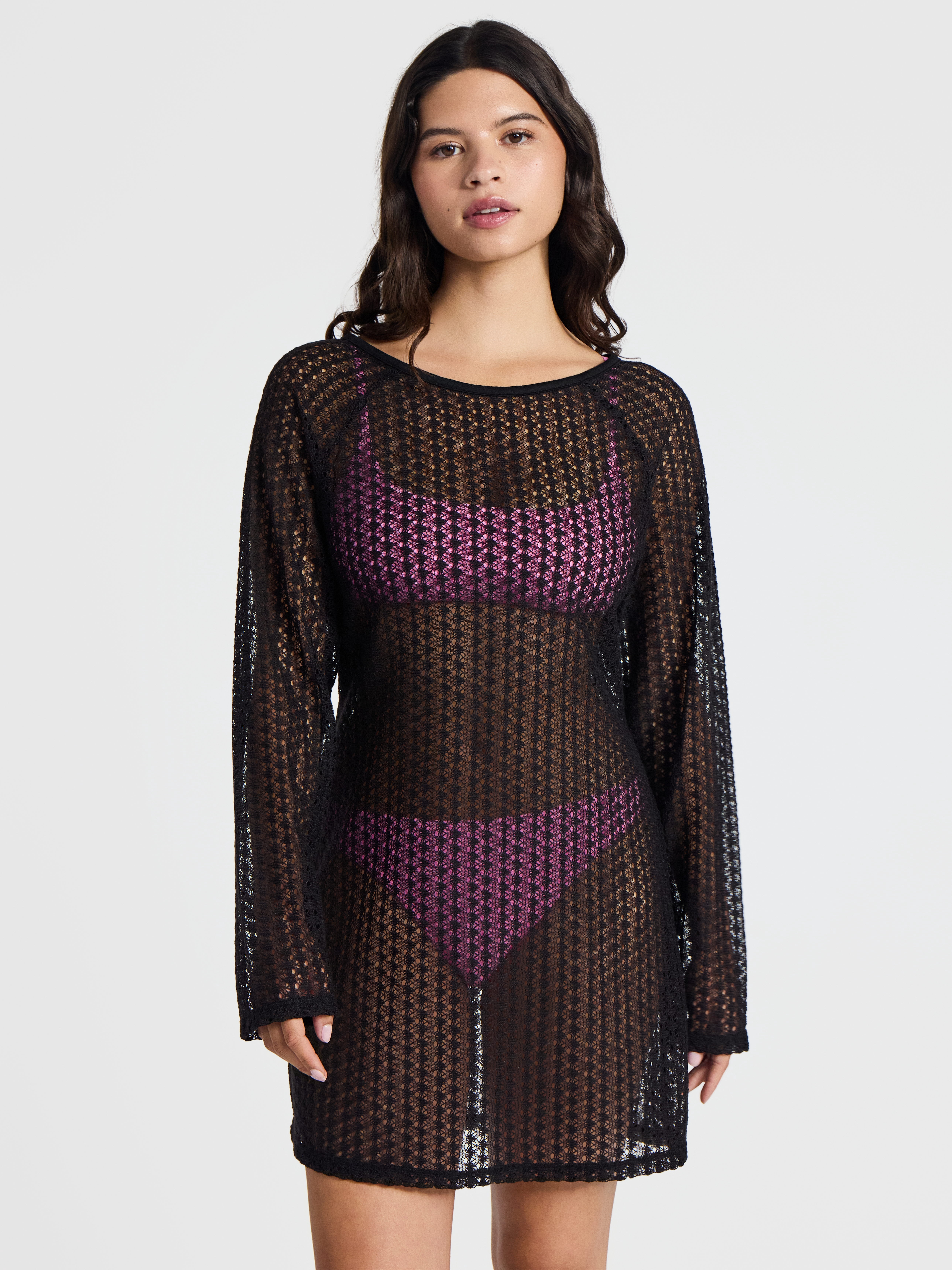 No Boundaries Women's Crochet Raglan Swim Coverup Dress (Black, L) yje2q