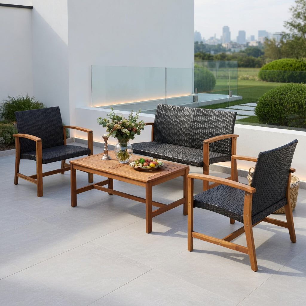 Resenkos 3-Piece Patio Rattan Bistro Furniture Set, Outdoor Garden Conversation Set with Acacia Wood Table Top (Beige) 7wp4y