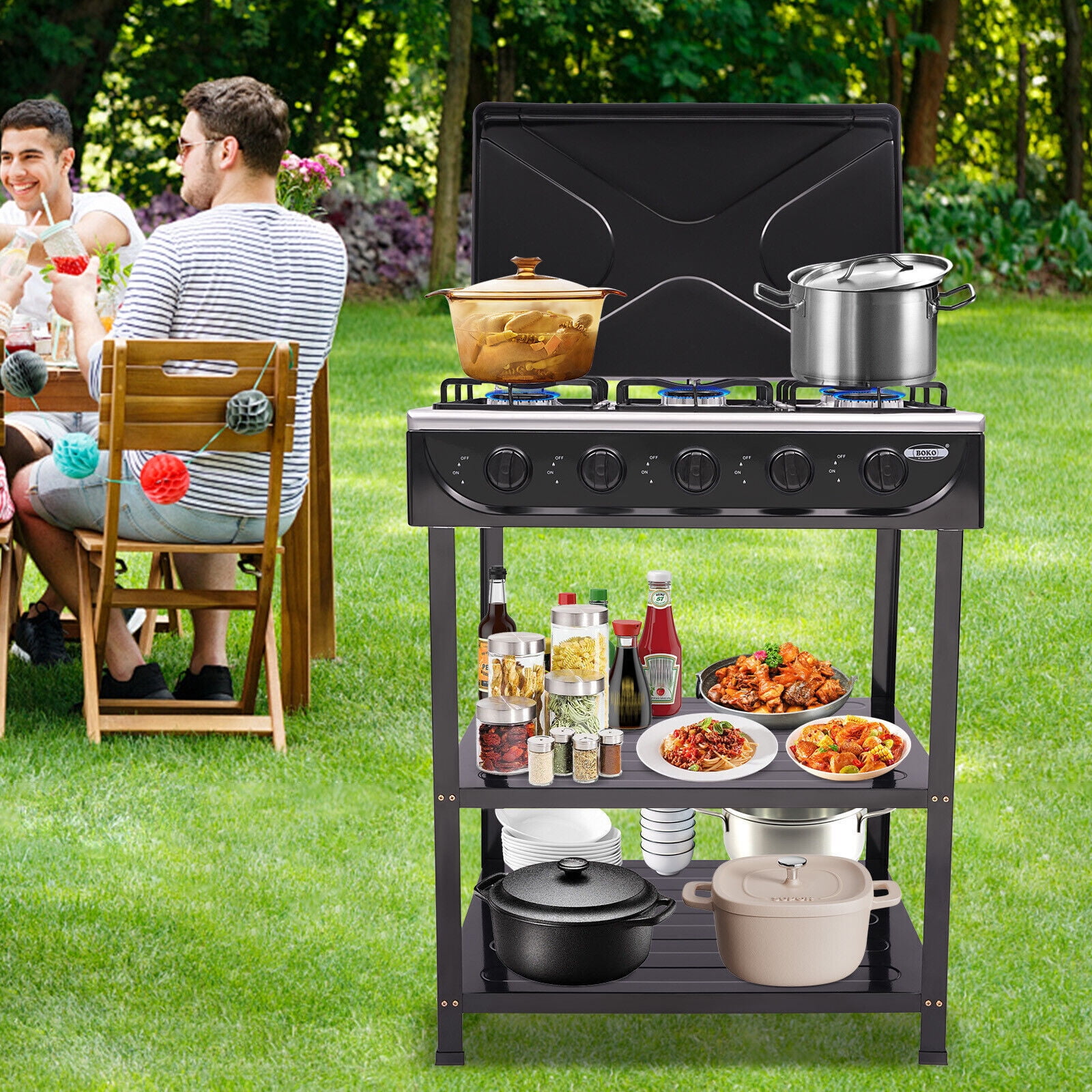 Generic 5-Burner Gas Stove Outdoor Camping BBQ Grill with 2-Tier Storage Rack (Black) g36xu