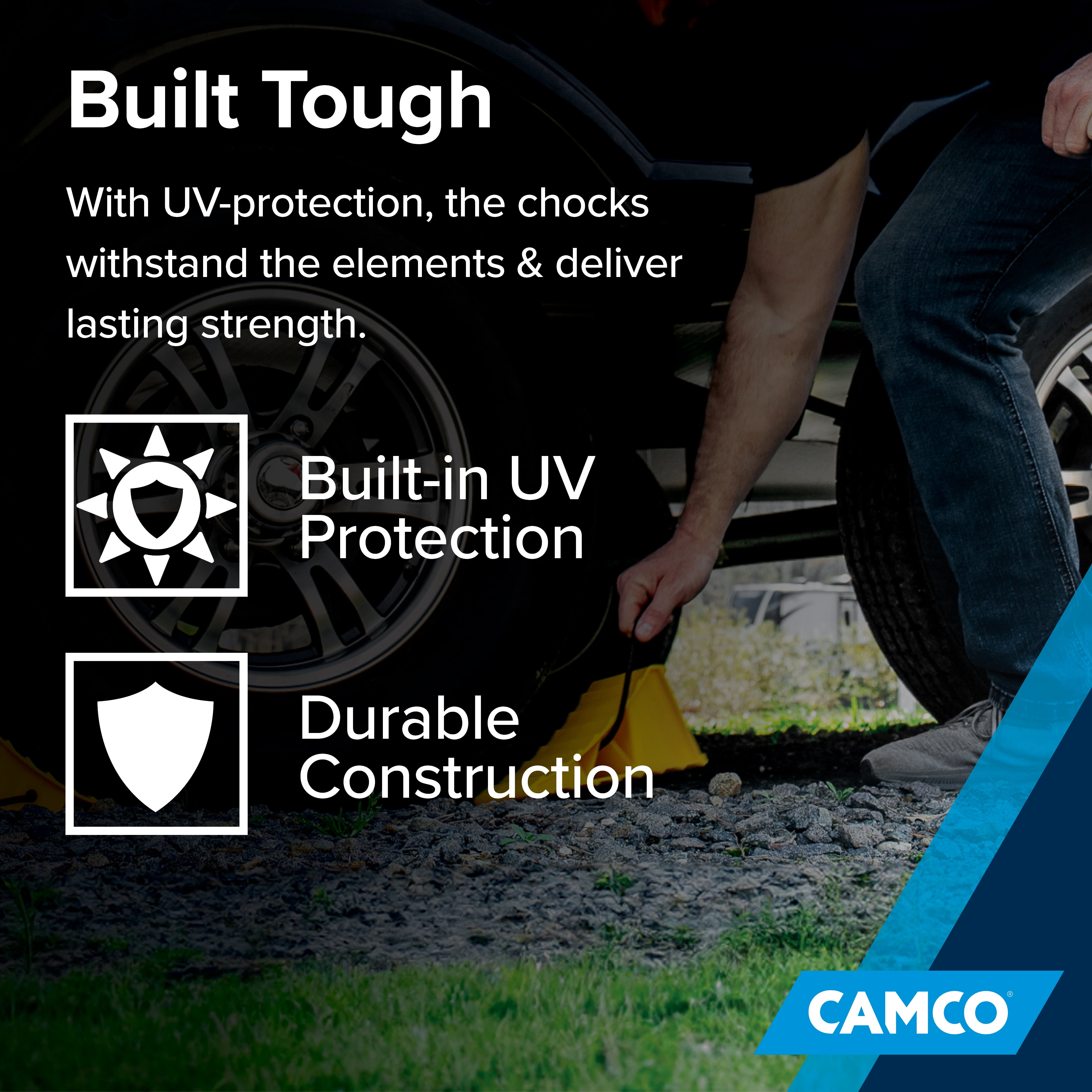 Camco RV Wheel Chocks with Rope for Tires Up to 26 in (Yellow, 2 Pack) ux4dh