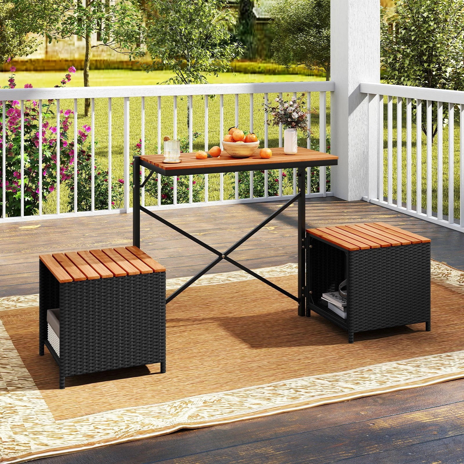 Auranook 2-in-1 Outdoor Convertible Bench and Table Set with Metal Frame and PE Rattan (Black) adncm