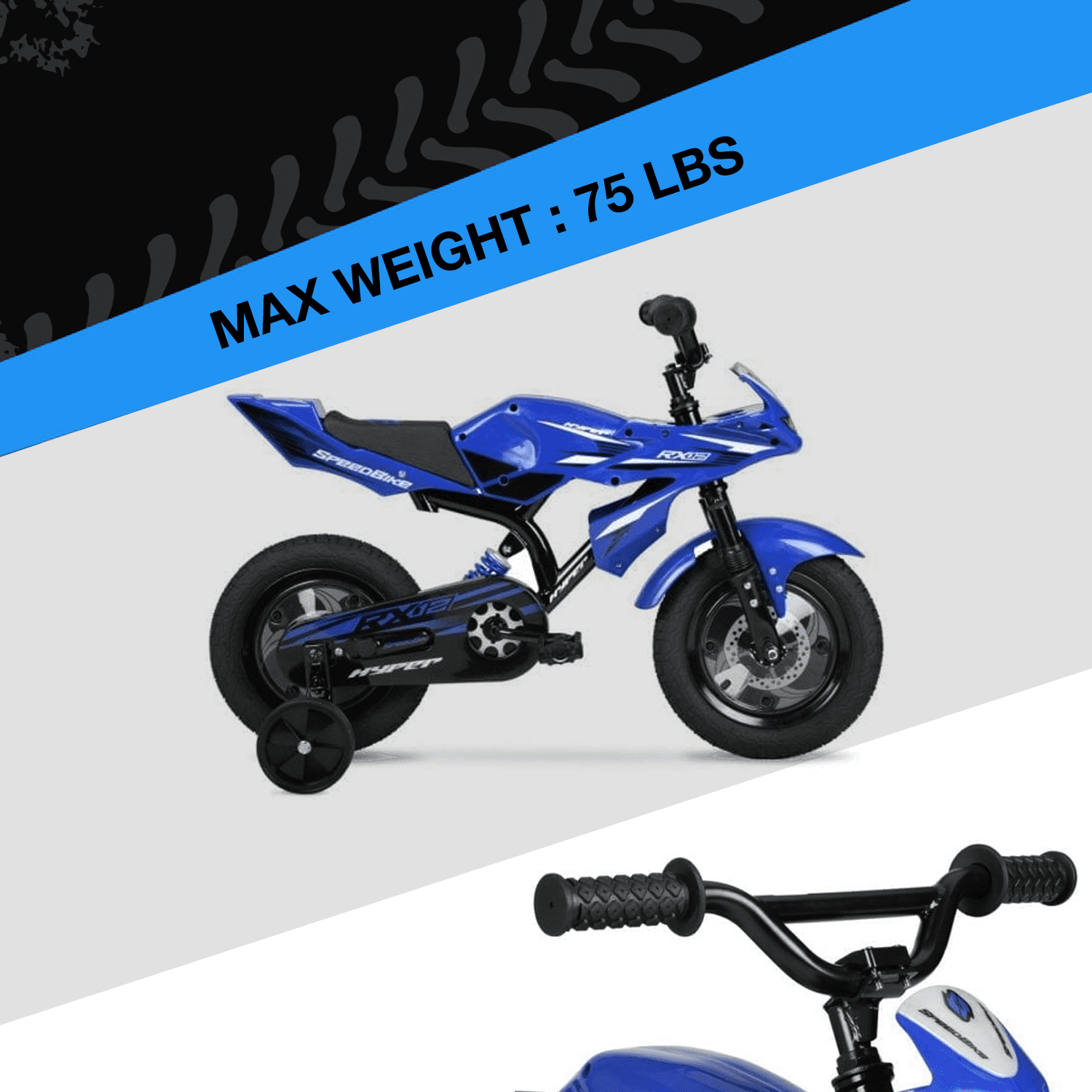 Hyper Bicycles 12 in Speed Bike for Kids, Durable Frame with Training Wheels (Blue, 12 in) tj38x