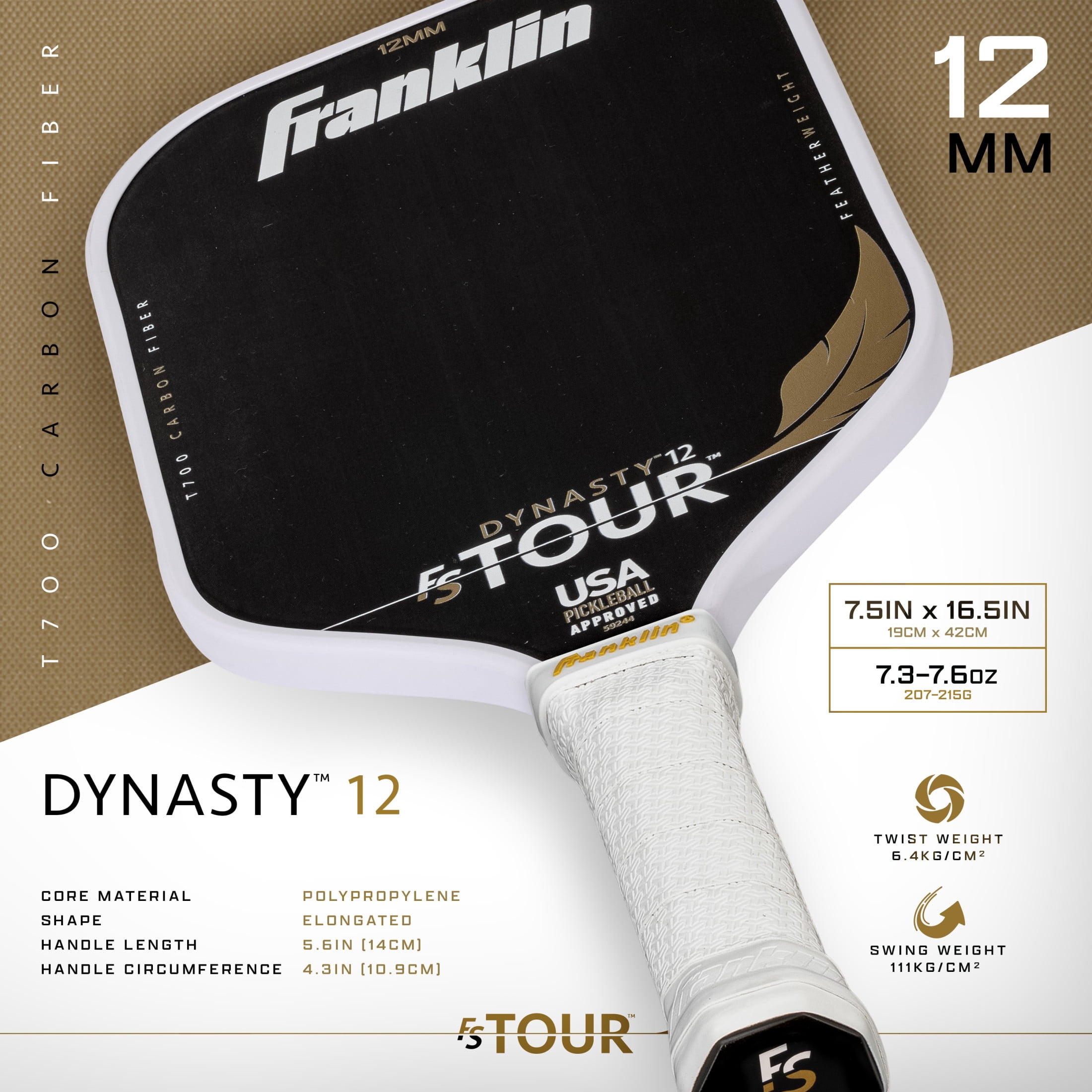 Franklin Sports Pro Pickleball Paddle FS Tour Featherweight Series Raw Carbon Fiber Surface (White, 7.6 oz) 2d8p7