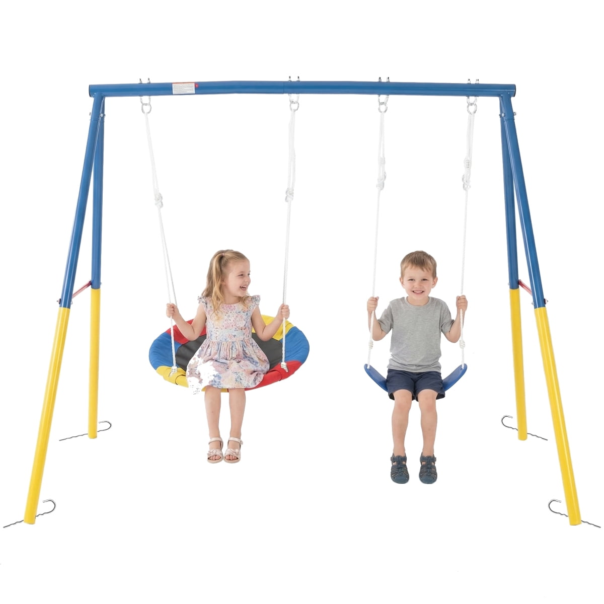 LIANGKA Heavy-Duty A-Frame Metal Swing Set with Saucer and Belt Seats (Blue, 330 lb) q4nxm