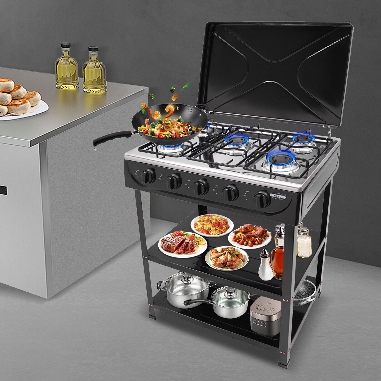 Generic 5-Burner Gas Stove Outdoor Camping BBQ Grill with 2-Tier Storage Rack (Black) g36xu