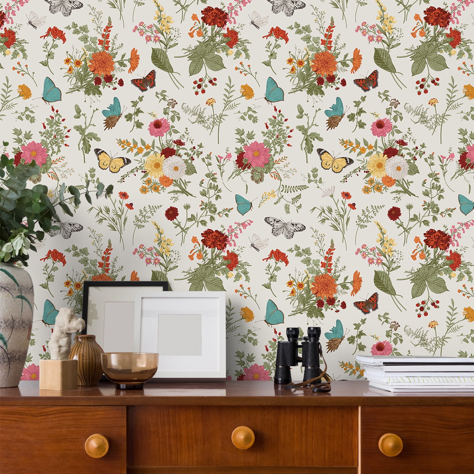 VEELIKE Floral Peel and Stick Wallpaper Vintage Butterflies Marigolds Self-Adhesive Contact Paper for Home Decor (Multi-color, 17.7 in x 118 in) 9ccgs
