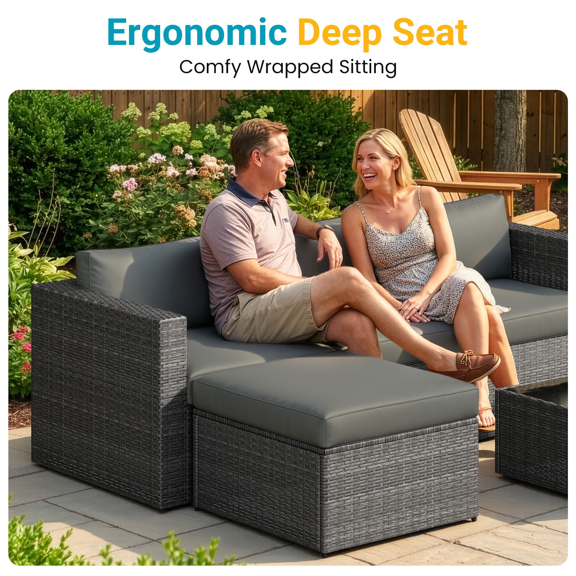 Cozy Home 5-Piece Patio Rattan Furniture Set, Outdoor Sectional Sofa with Ottoman and Coffee Table (Grey, 5-Piece Set) bnnyk