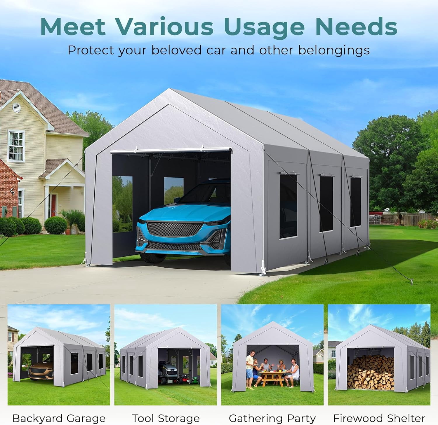 Vitarpatio Heavy Duty Carport Canopy, Reinforced Metal Portable Garage with 6 Roll-up Windows and Removable Sidewalls (Light Gray, 10x20 ft) 0trfm