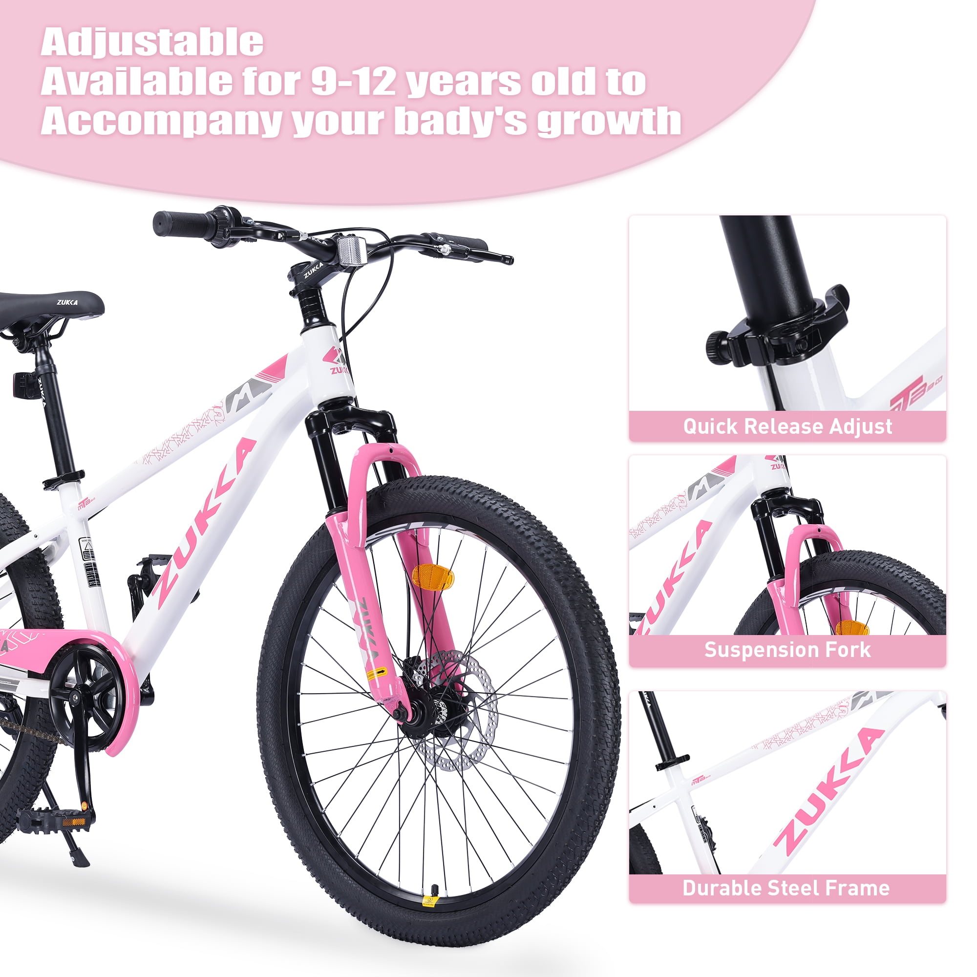 Holaki 24-inch Kids Mountain Bike with Suspension Fork and Double Disc Brakes (White, 24 in) 2mtkq