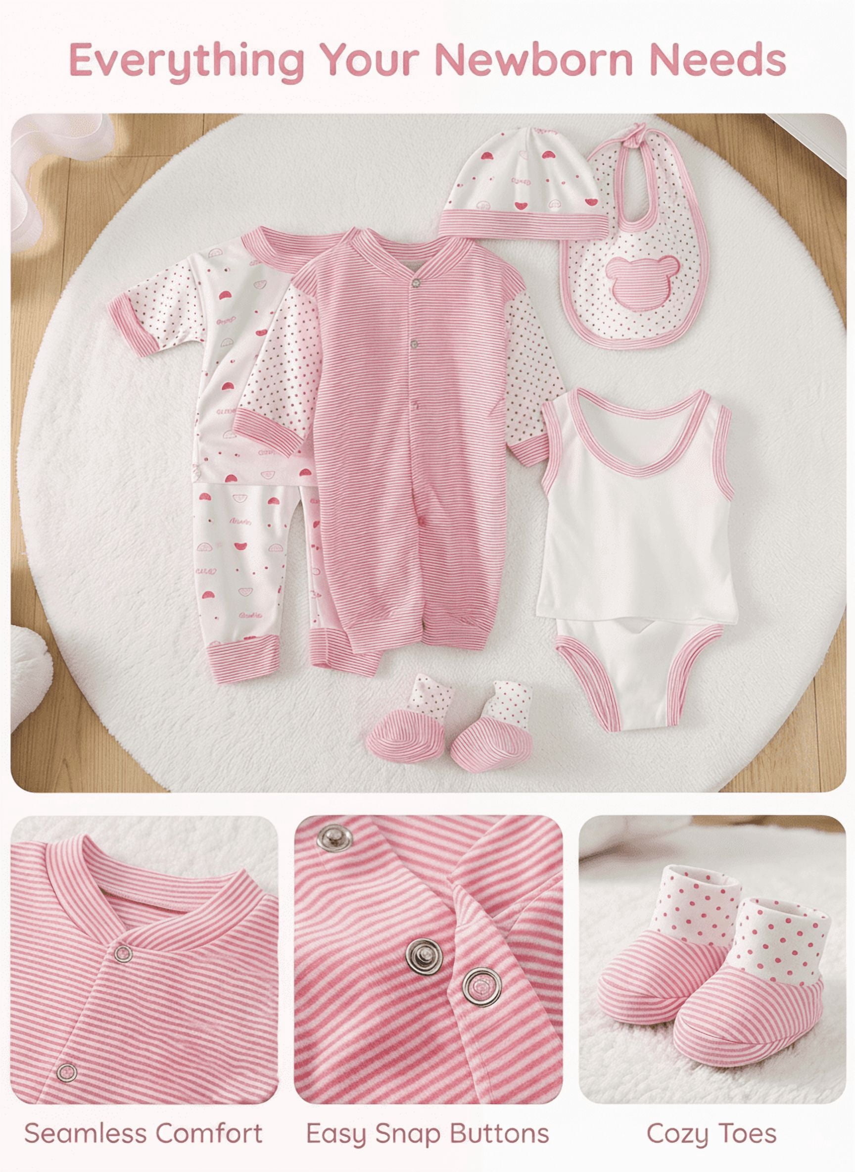 Odeerbi Newborn Baby Layette Set 8-Piece Cotton Outfit with Romper and Accessories (Pink, 0-3 Months) 71kcr