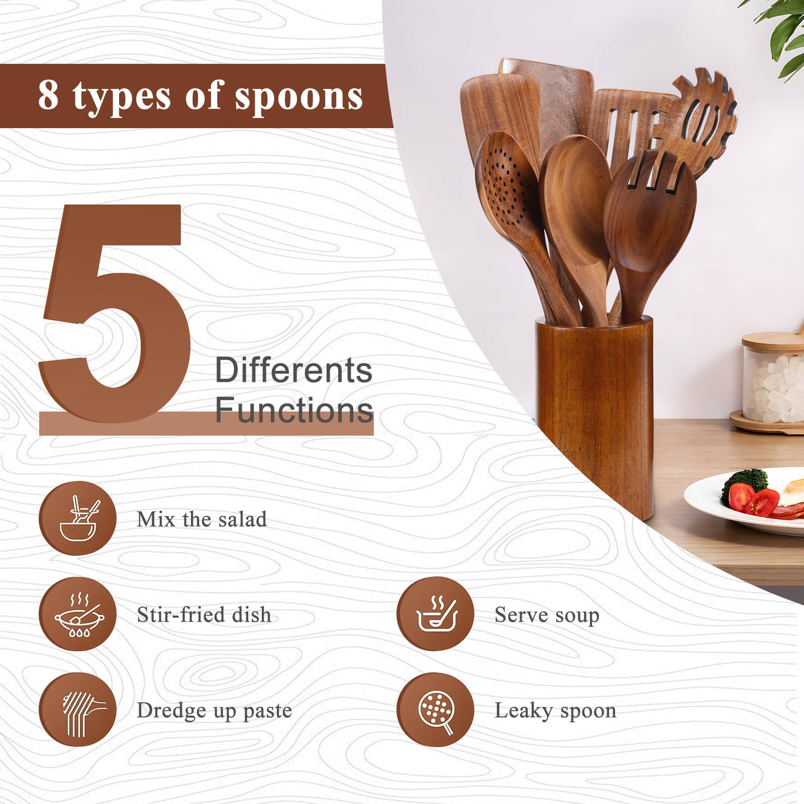 VAVSEA Natural Teak Wooden Cooking Utensils Set, Heat Resistant Non-Stick Kitchen Tools (8 Piece Set) 9fvzf