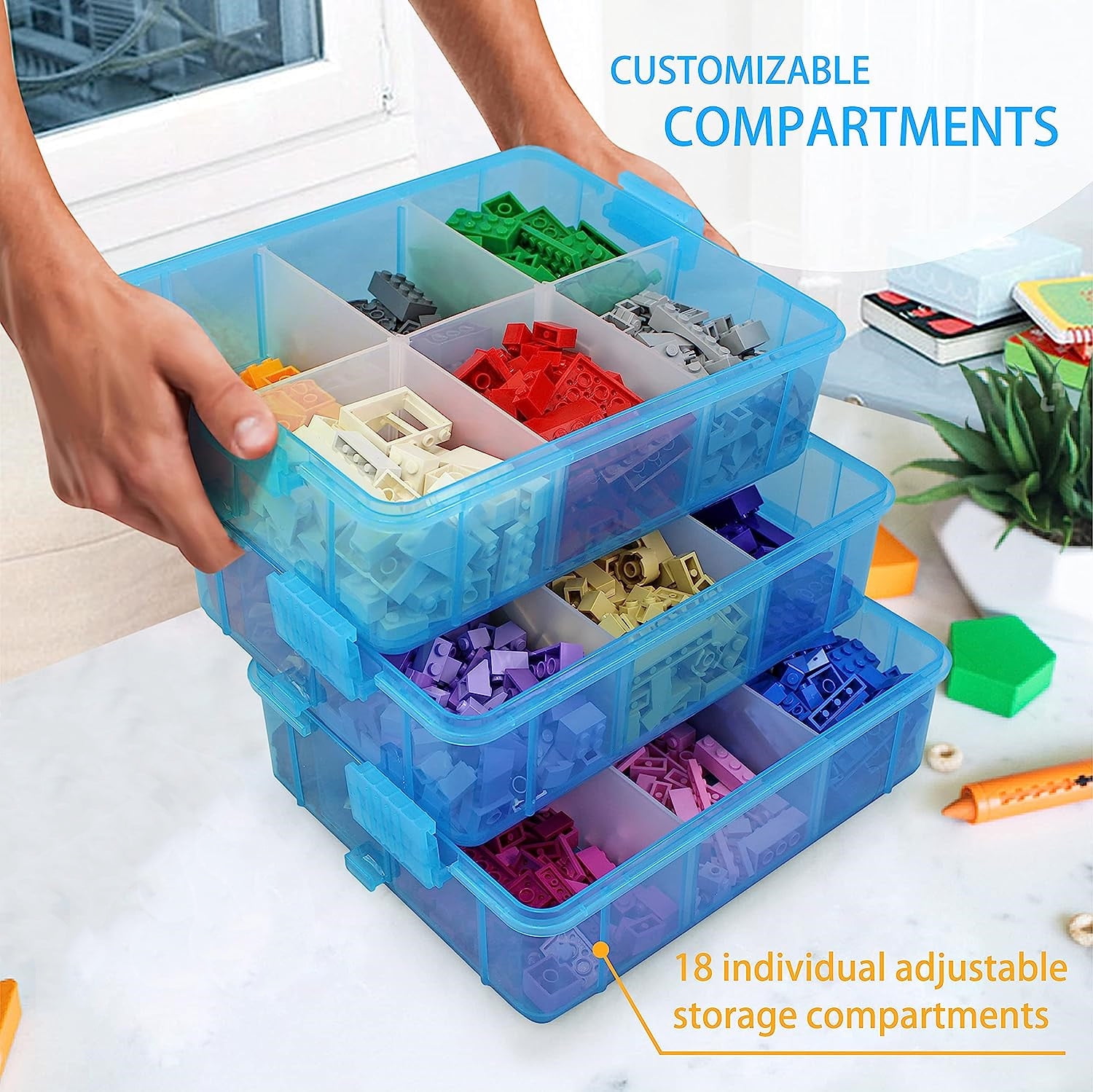 Duslogis 3-Tier Stackable Storage Organizer Case with 18 Adjustable Compartments (Blue) bjq73