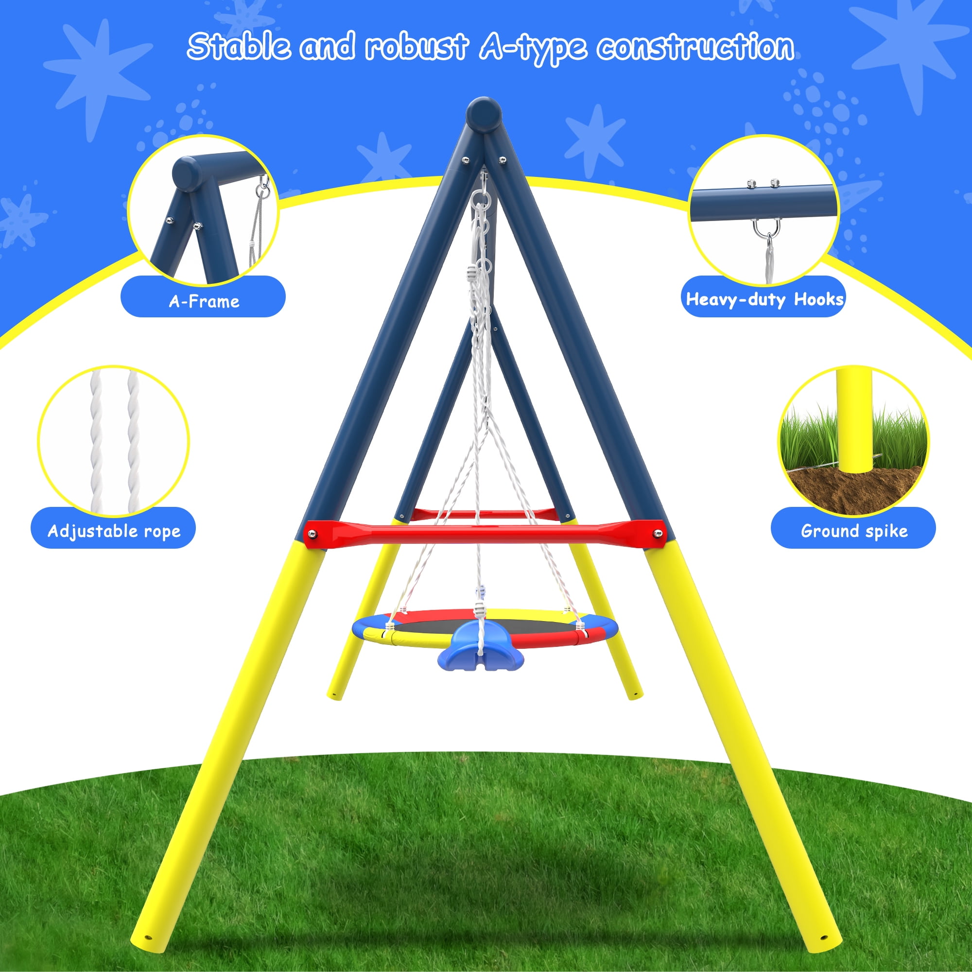 Mersco 2-in-1 Outdoor Swing Set with Heavy-Duty Metal Stand (Blue, 440 lb Capacity) ur5kq