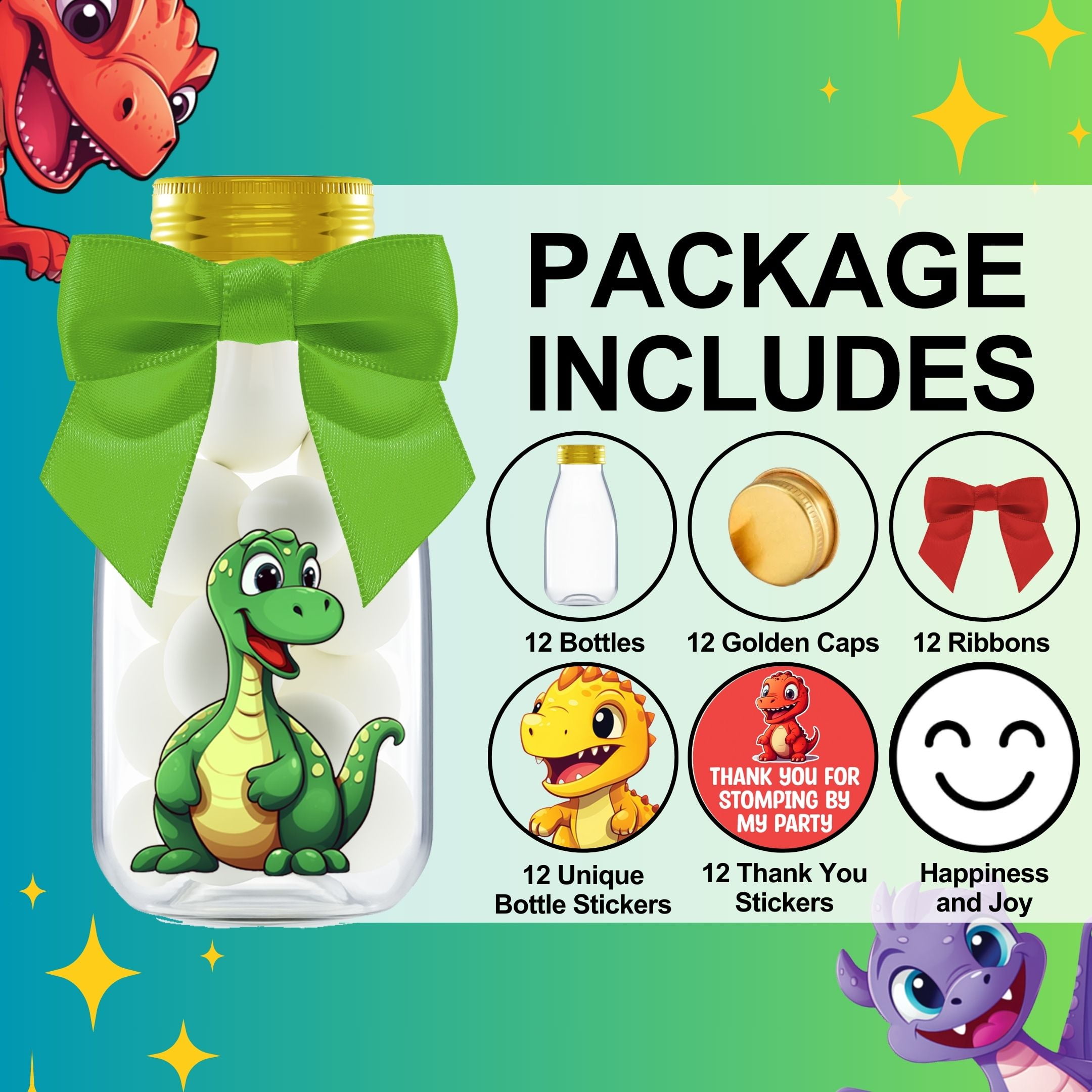 Ethisa Dinosaur Party Favor DIY Candy Jars with Ribbons and Stickers (Gold, 12 Pack, 4 fl oz) fbhbq