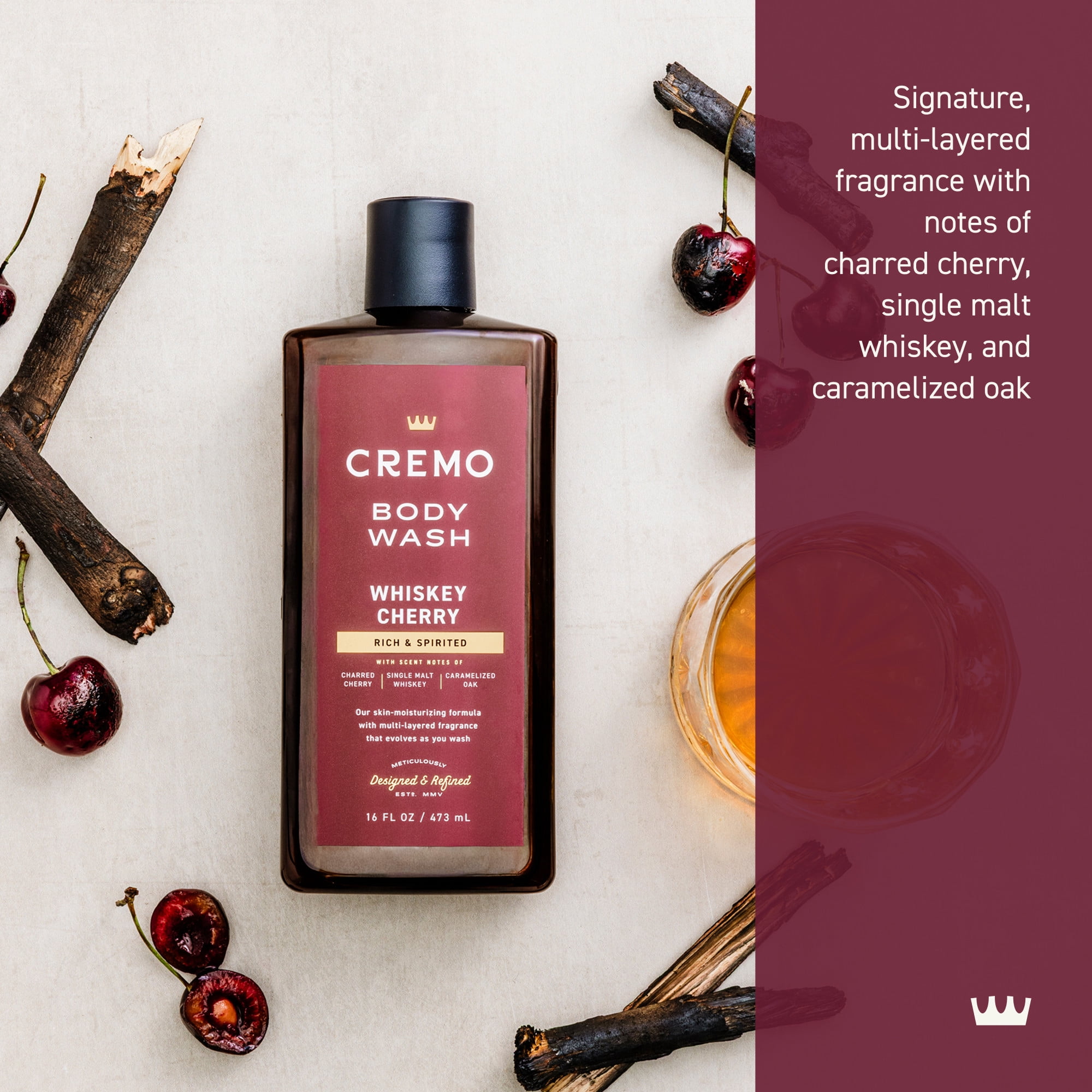 Cremo Men's Body Wash, Whiskey Cherry Scent, Moisturizing Formula (16 fl oz) m43e9