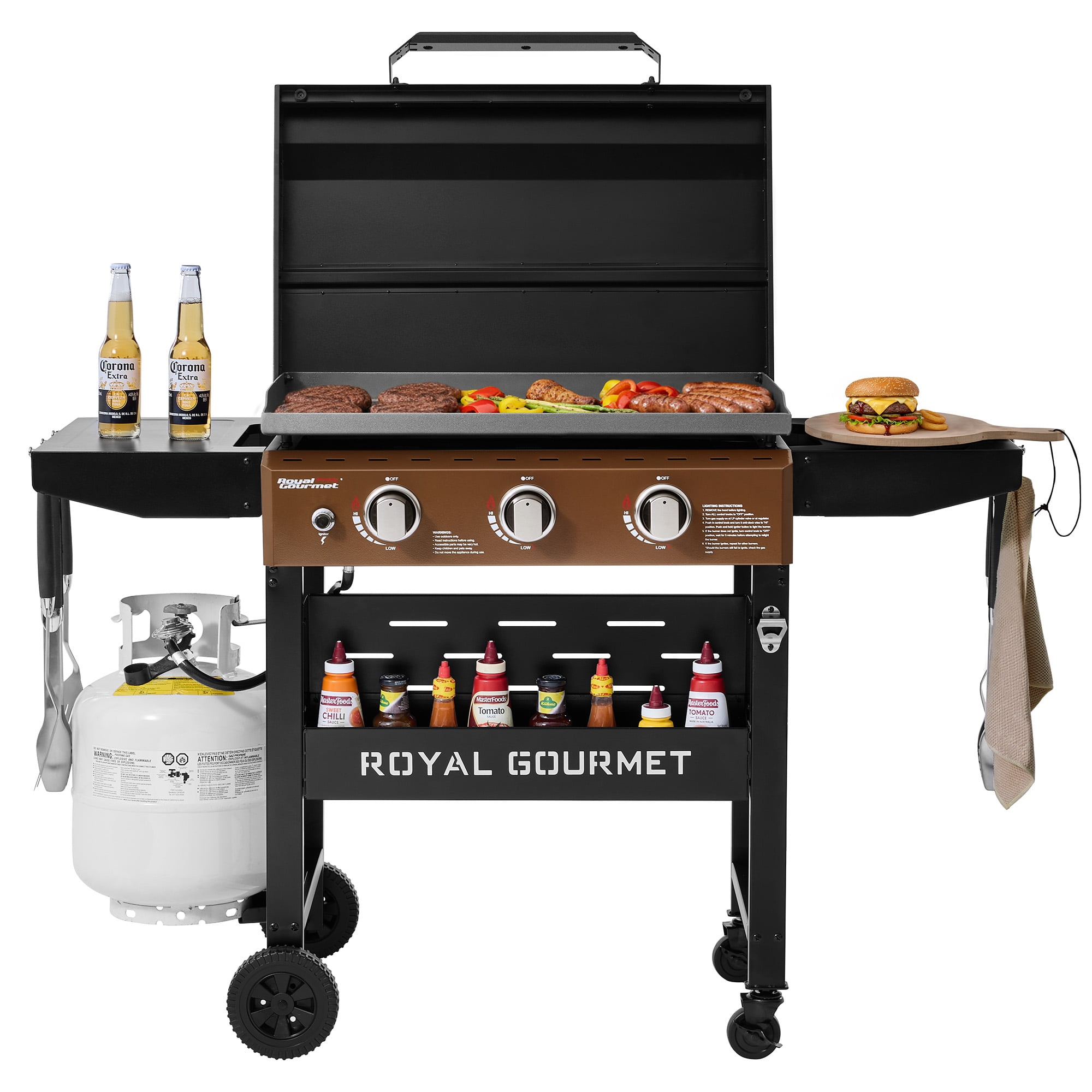 Royal Gourmet GB3000PY 3-Burner Gas Griddle with Hood and Collapsible Side Shelves (Antique Bronze and Black, 492 sq. in.) oxzev