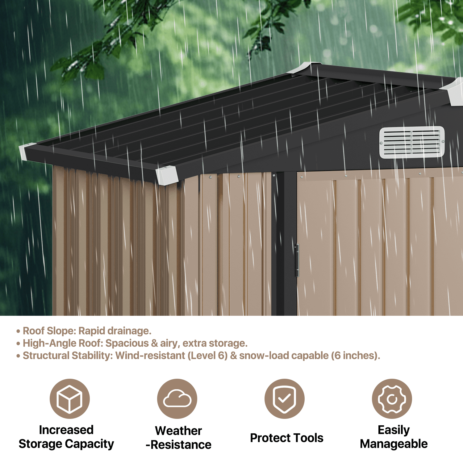 BaPiPro Outdoor Storage Shed, Heavy-Duty Galvanized Steel Garden Tool Shed with Integrated Base and Locking Doors (Brown, 79 in x 50 in x 74 in) qsn8v